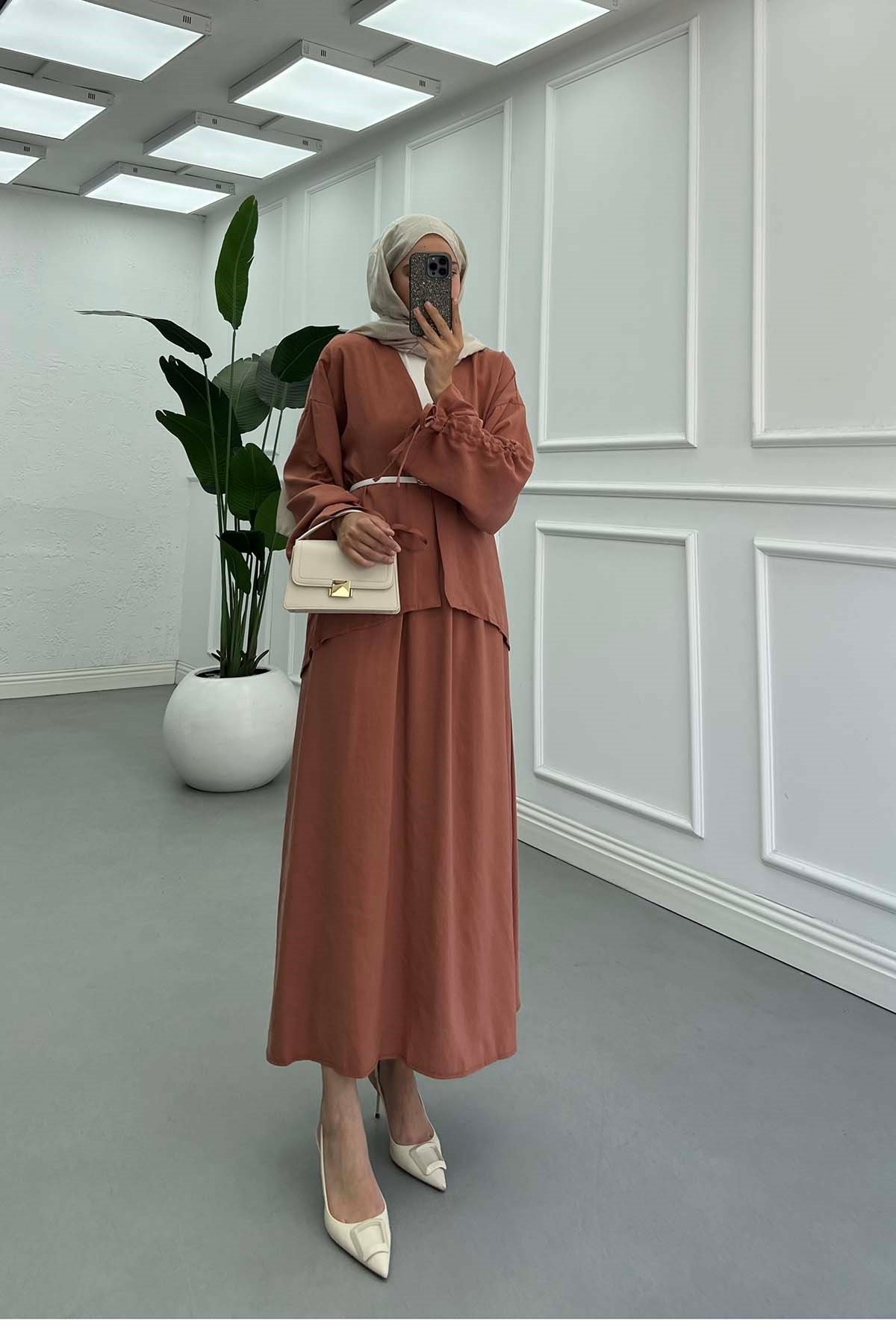 Kolu İp Detaylı Kimono Takım Somon