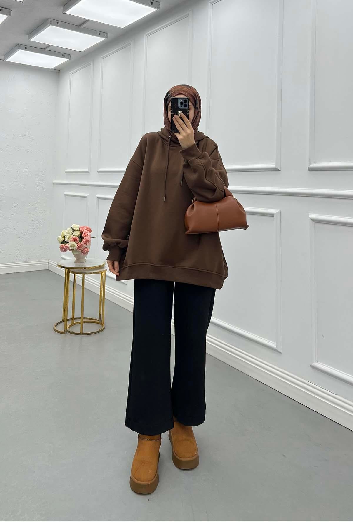 Kolu Pile Detaylı Kapüşonlu Sweat Kahve