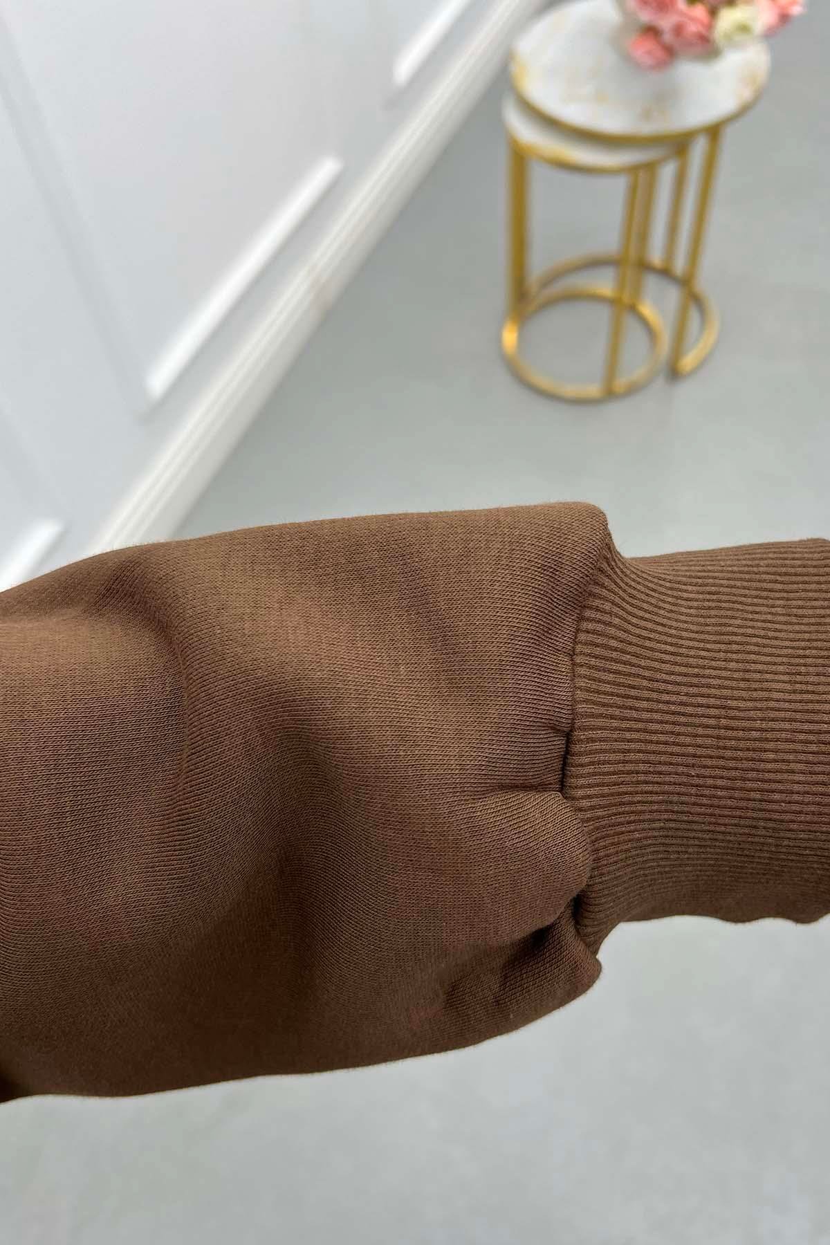 Kolu Pile Detaylı Kapüşonlu Sweat Kahve