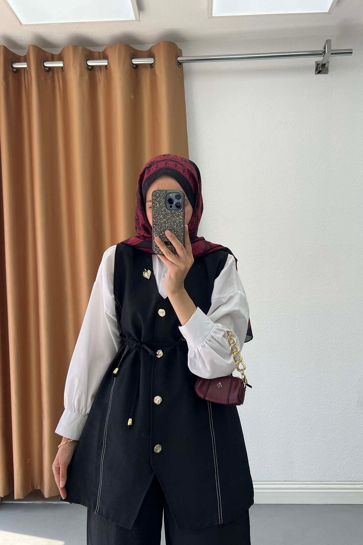 Kontrast Dikişli Yelek Takım Siyah