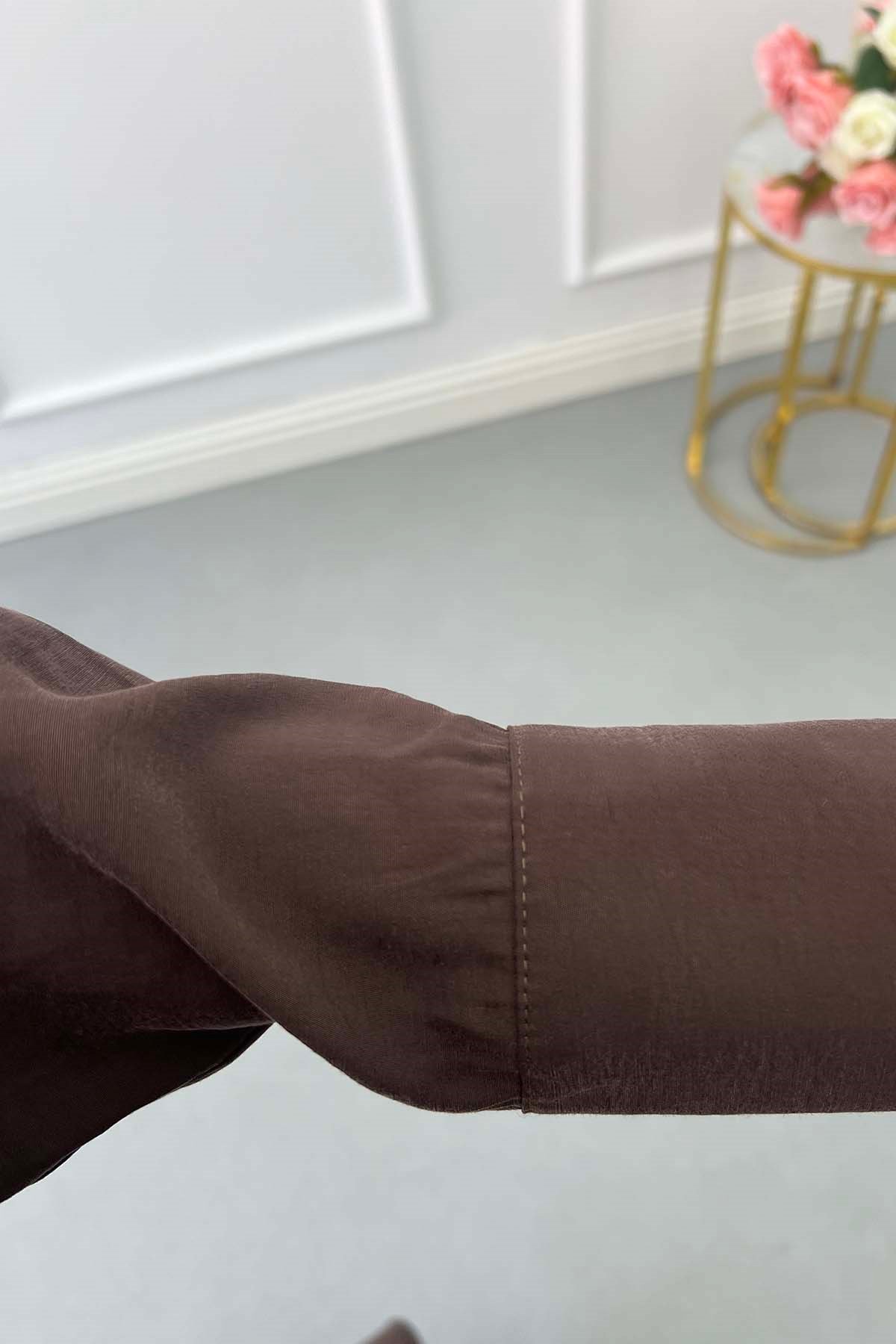 Kontrast Nakışlı Silver Düğmeli Maxi Elbise Acı Kahve