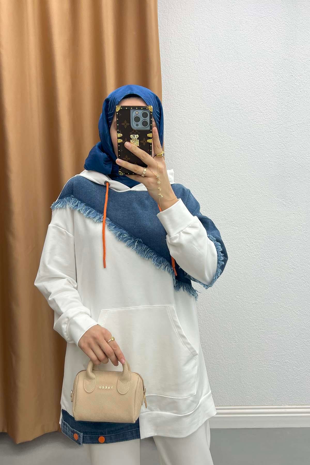 Kot Garnili Kapüşonlu Sweatshirt Beyaz
