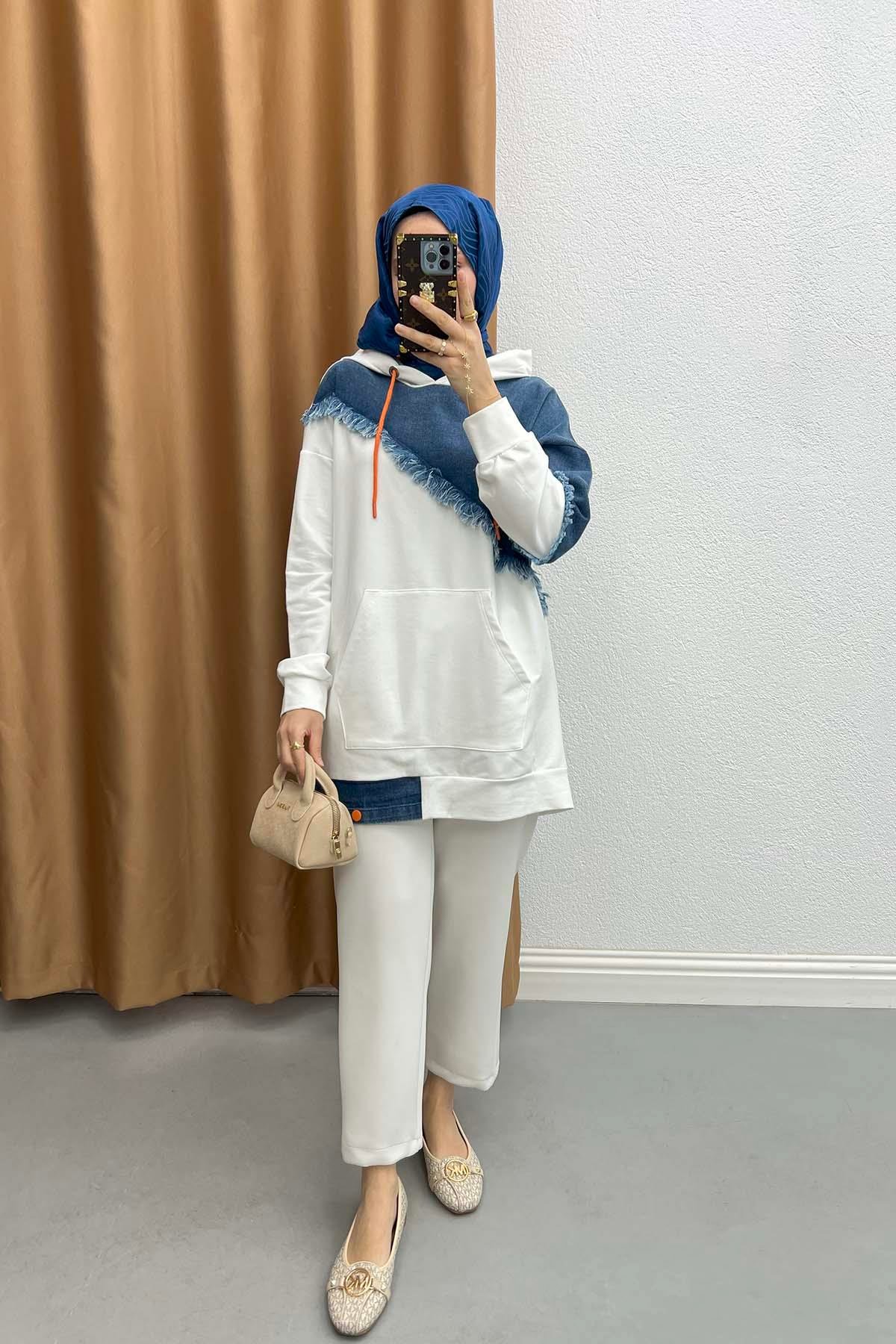 Kot Garnili Kapüşonlu Sweatshirt Beyaz