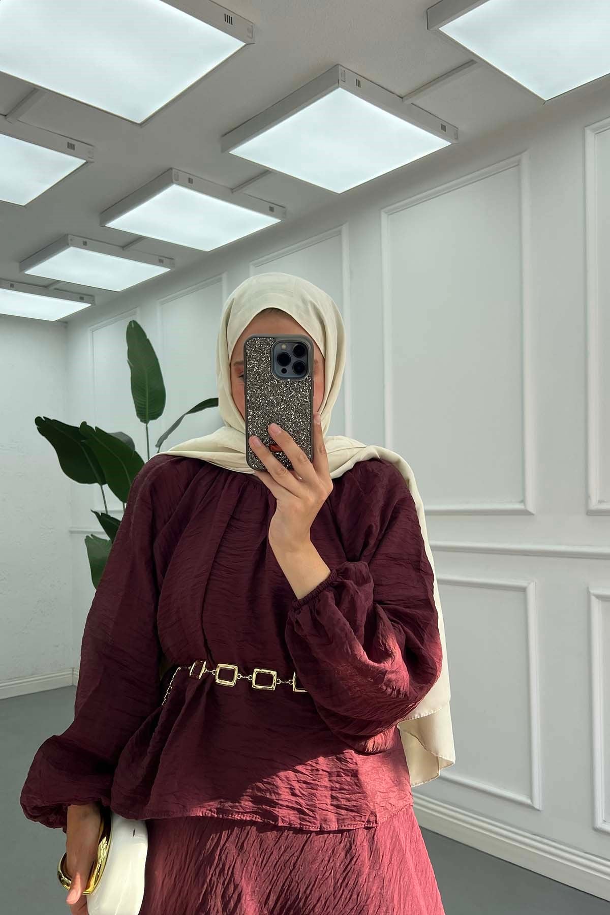 Krinkıl Dokulu Etek Katları Asimetrik Kesim Şifon Takım Bordo