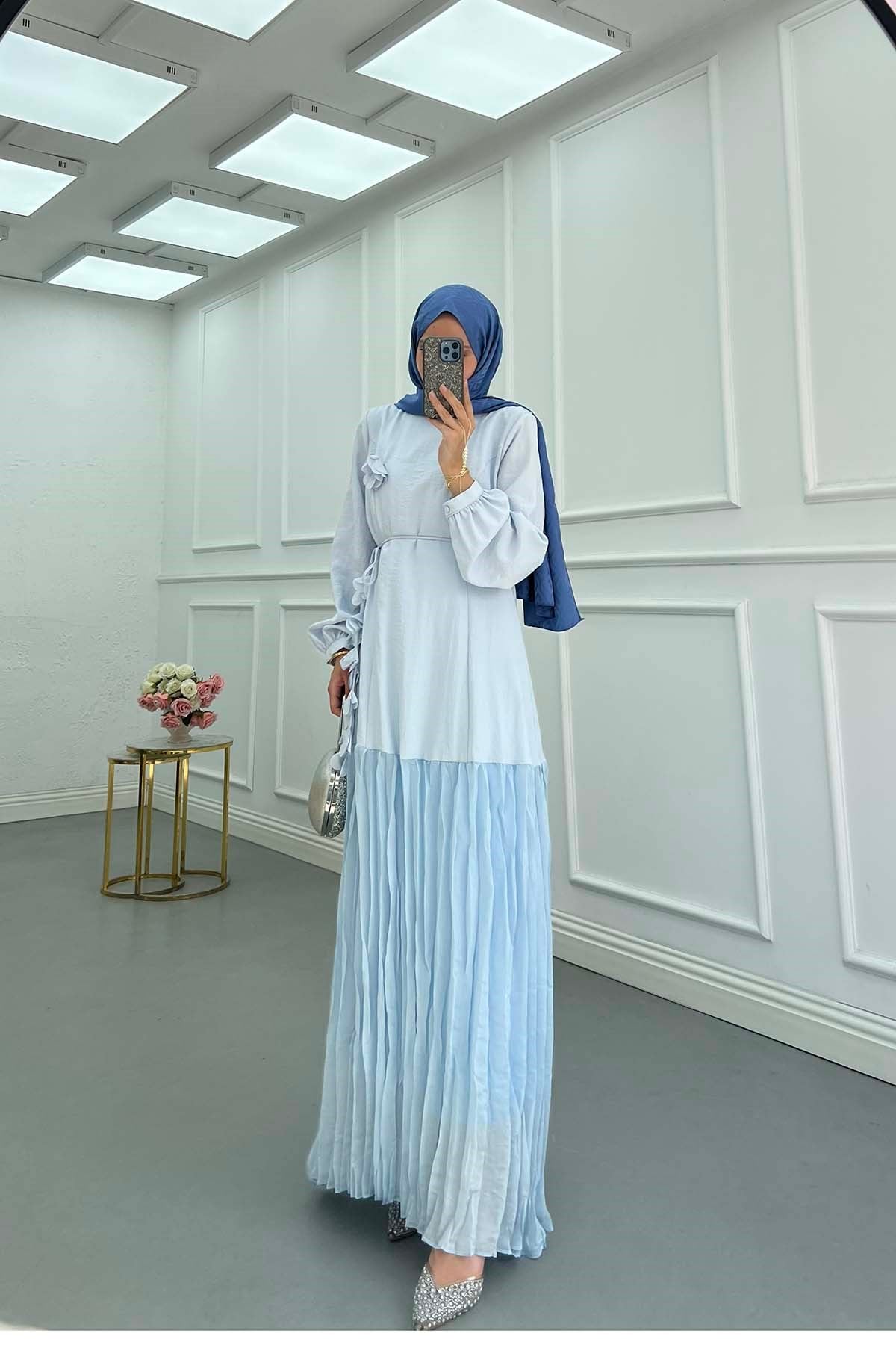 Krinkıl Dokulu Etek Ucu Piliseli Kemerli Maldiv Elbise Bebe Mavi