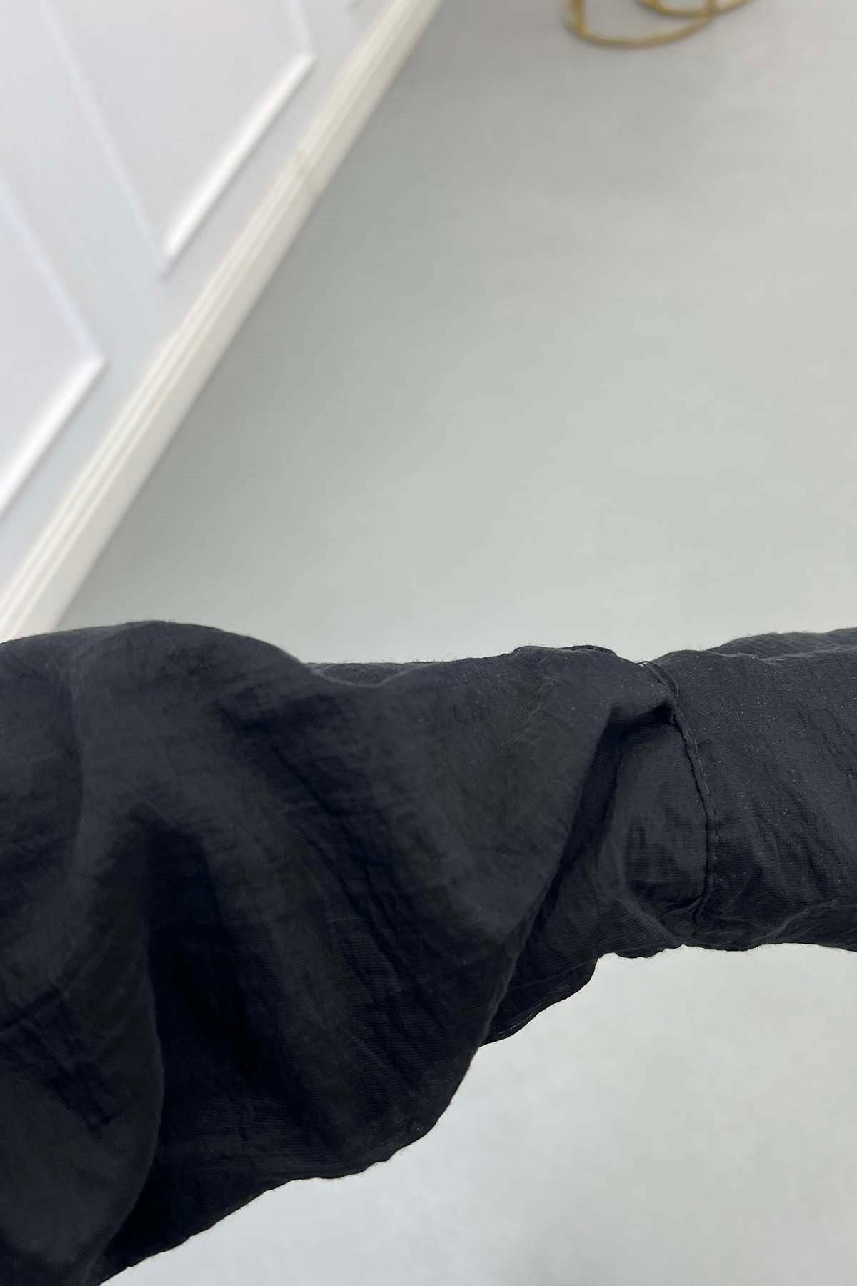 Krinkıl Dokulu Mina Broş Detaylı Şık Tasarım Elbise Siyah