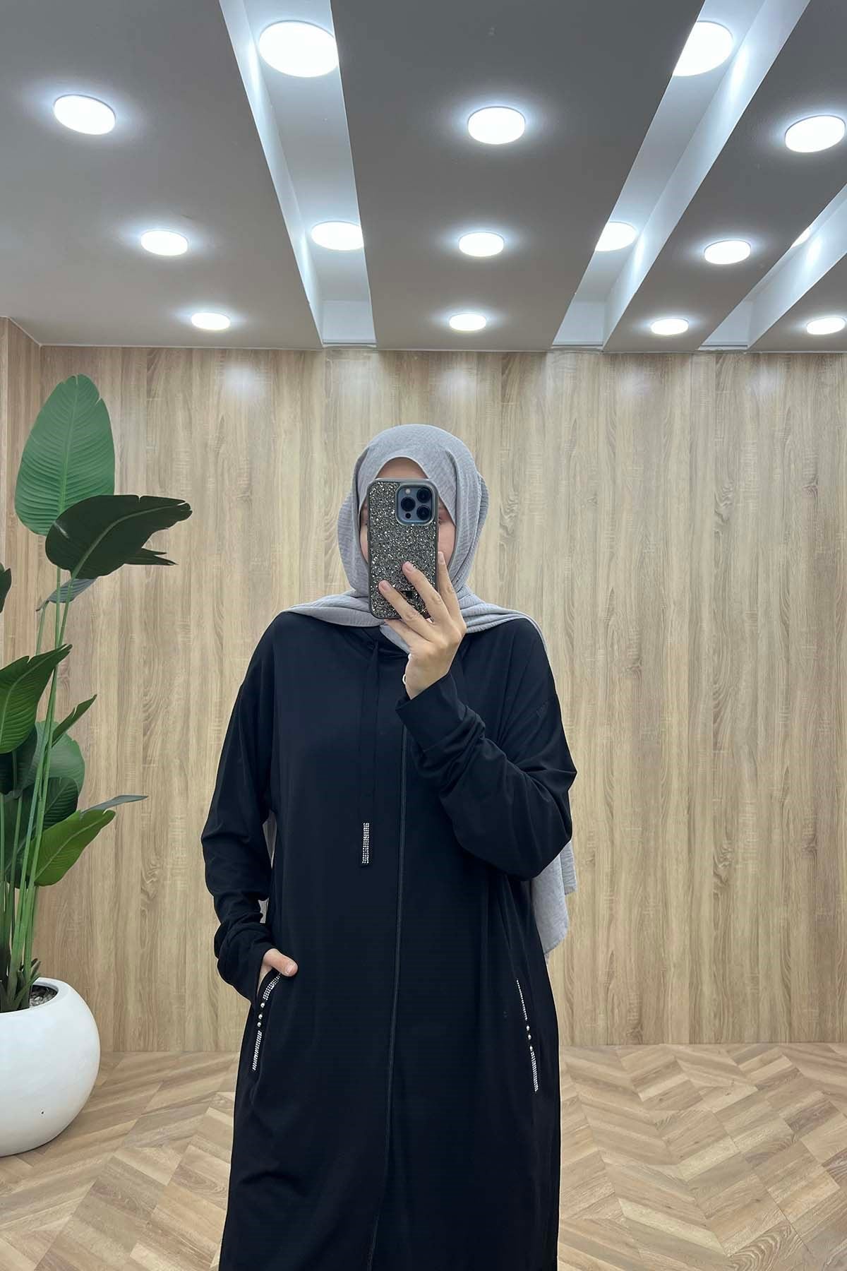 Kristal Işıltılı Kapşonlu Spor Takım Siyah
