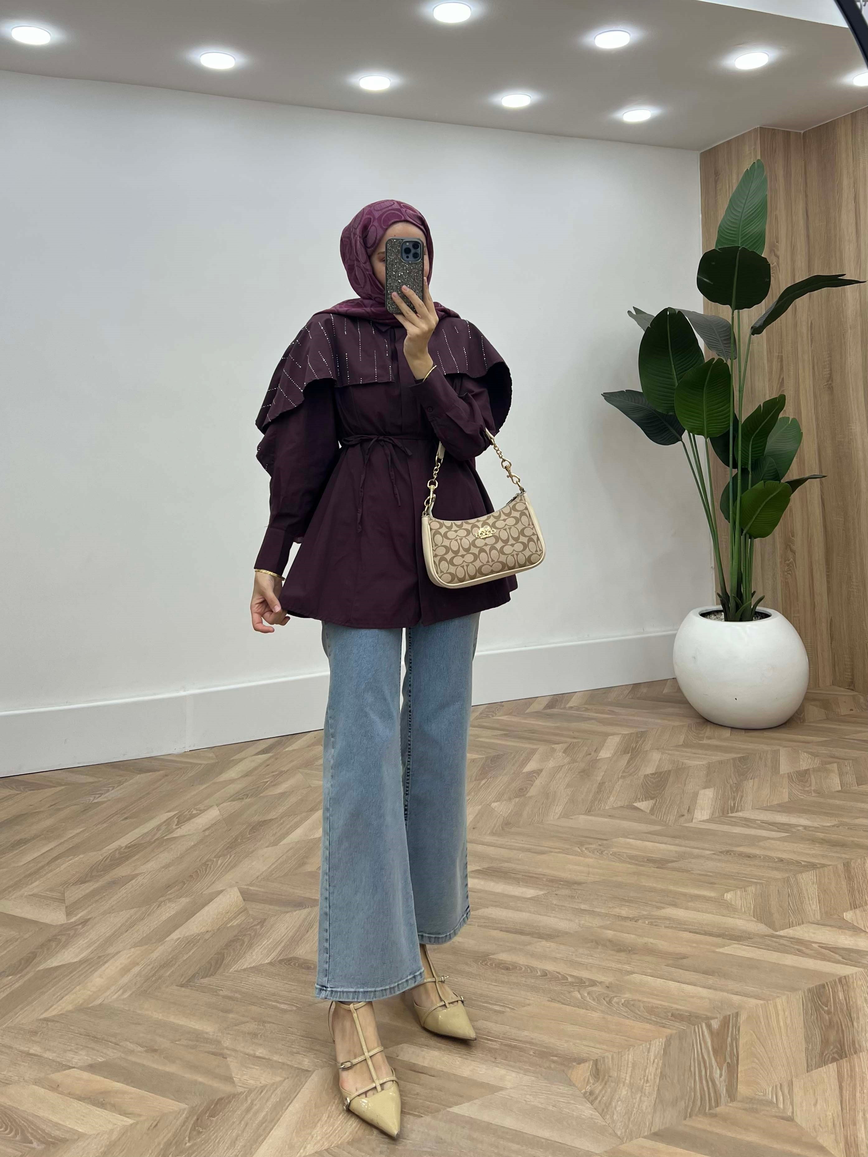 Kristal Işıltılı Pelerin Detaylı Gömlek Mürdüm