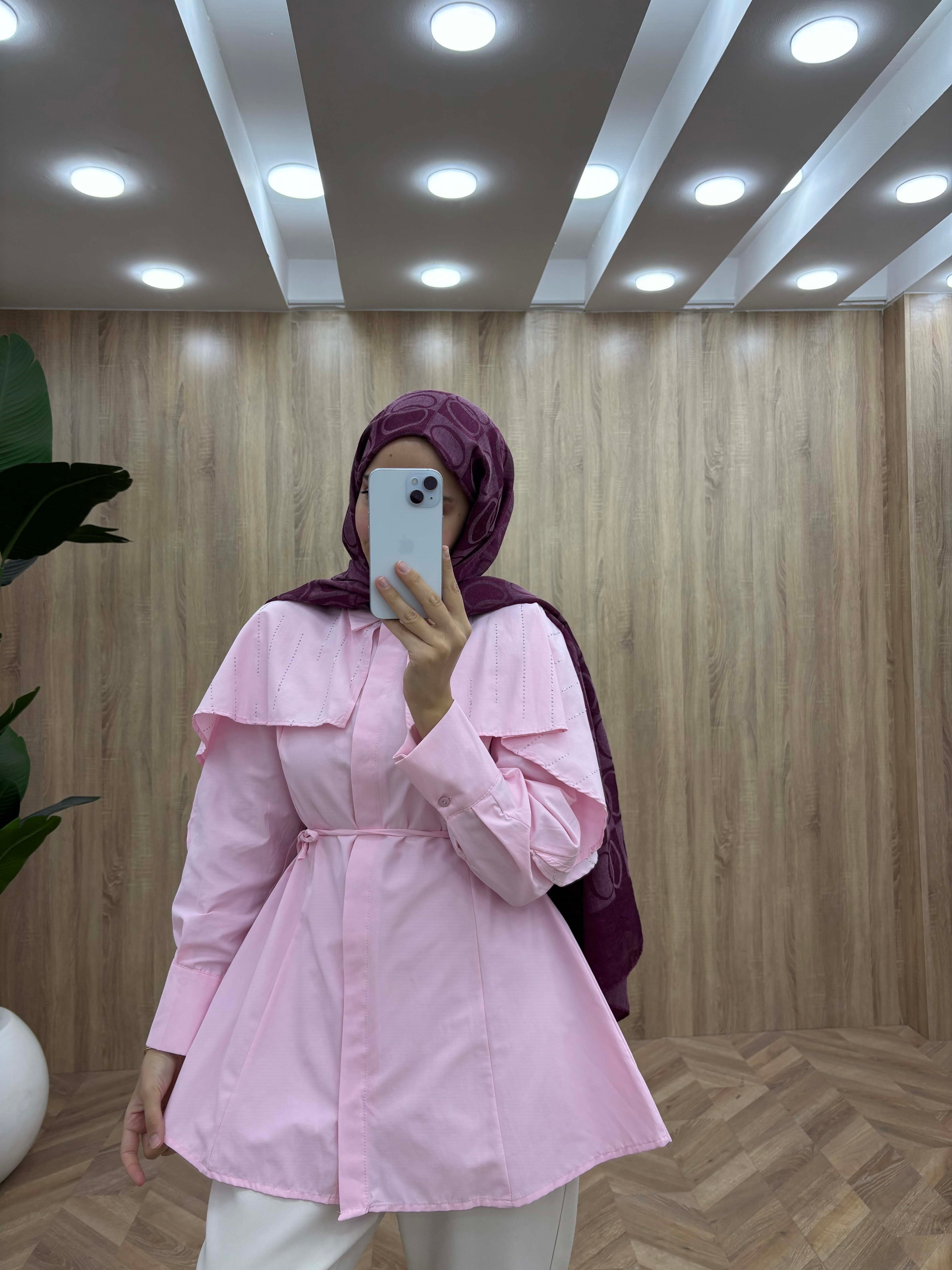 Kristal Işıltılı Pelerin Detaylı Gömlek Pembe