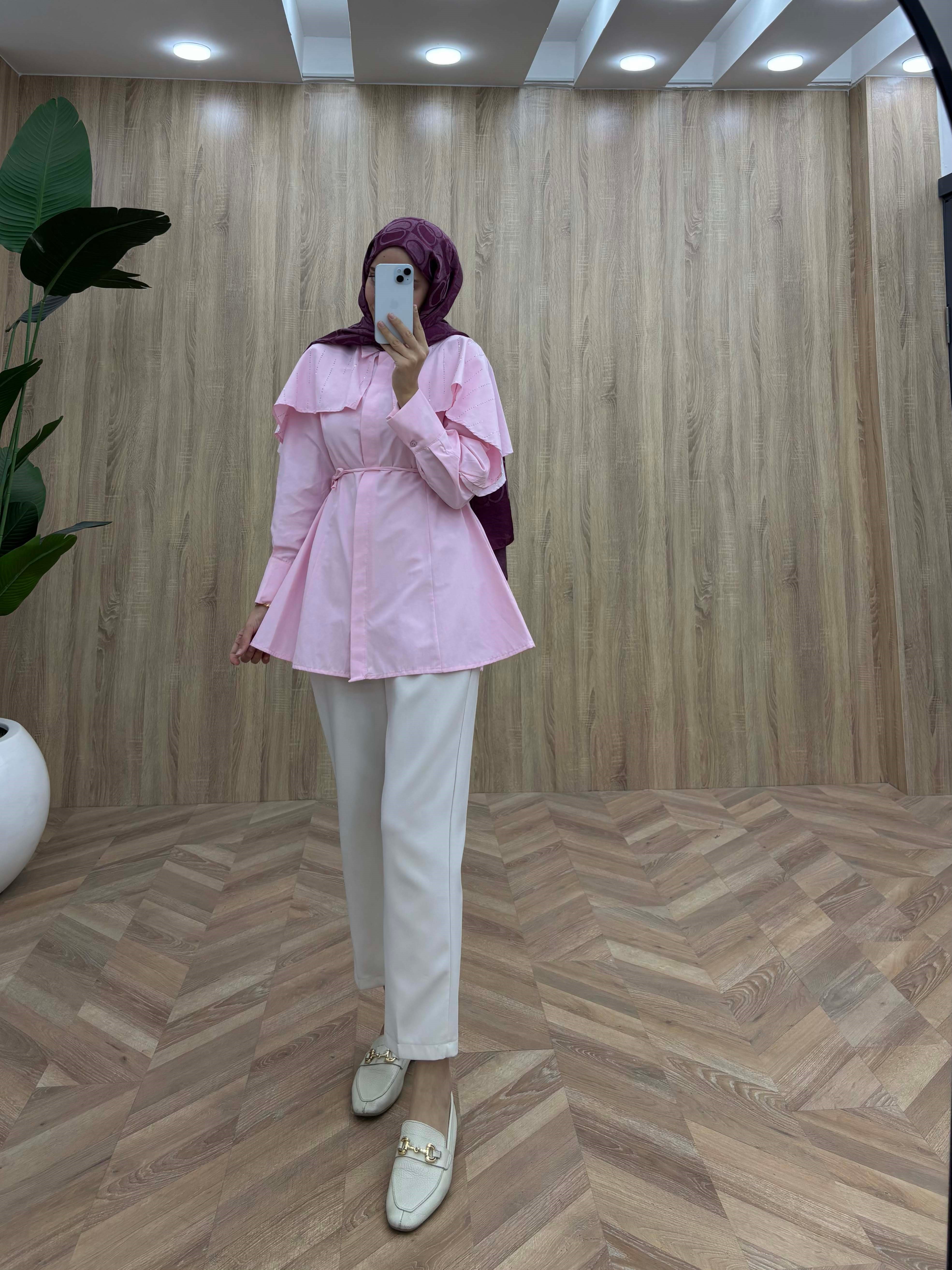 Kristal Işıltılı Pelerin Detaylı Gömlek Pembe