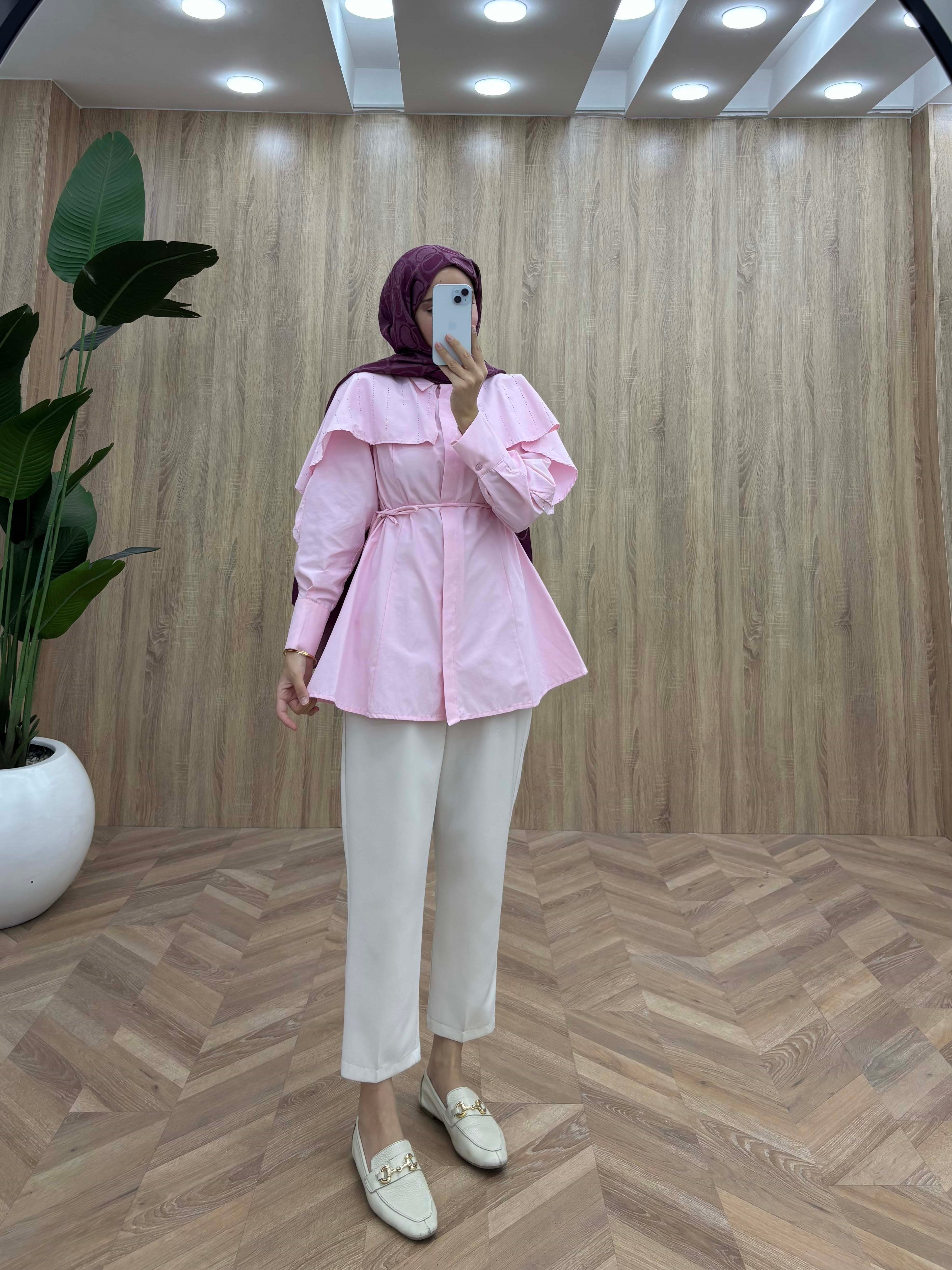 Kristal Işıltılı Pelerin Detaylı Gömlek Pembe