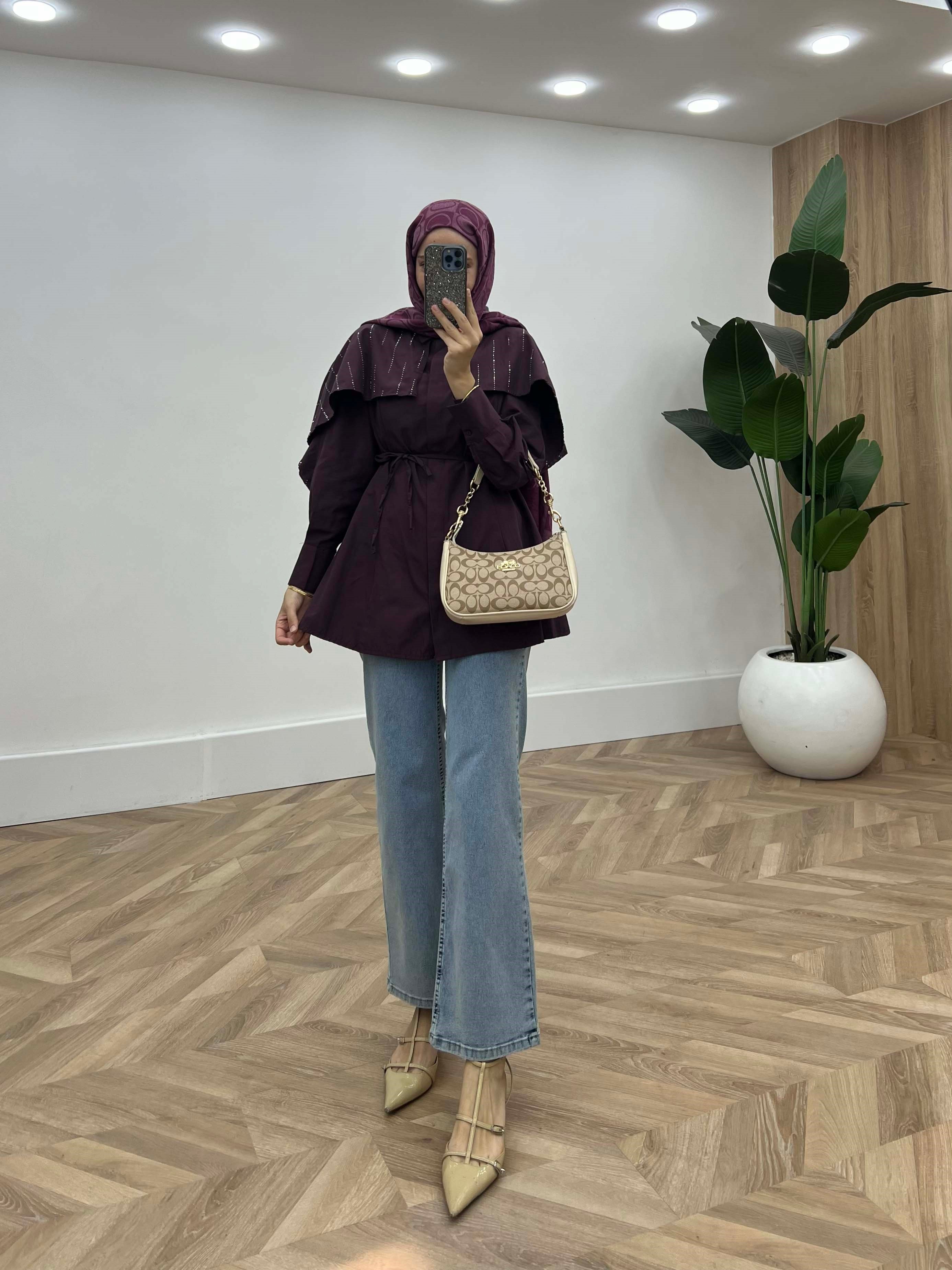 Kristal Işıltılı Pelerin Detaylı Gömlek Mürdüm