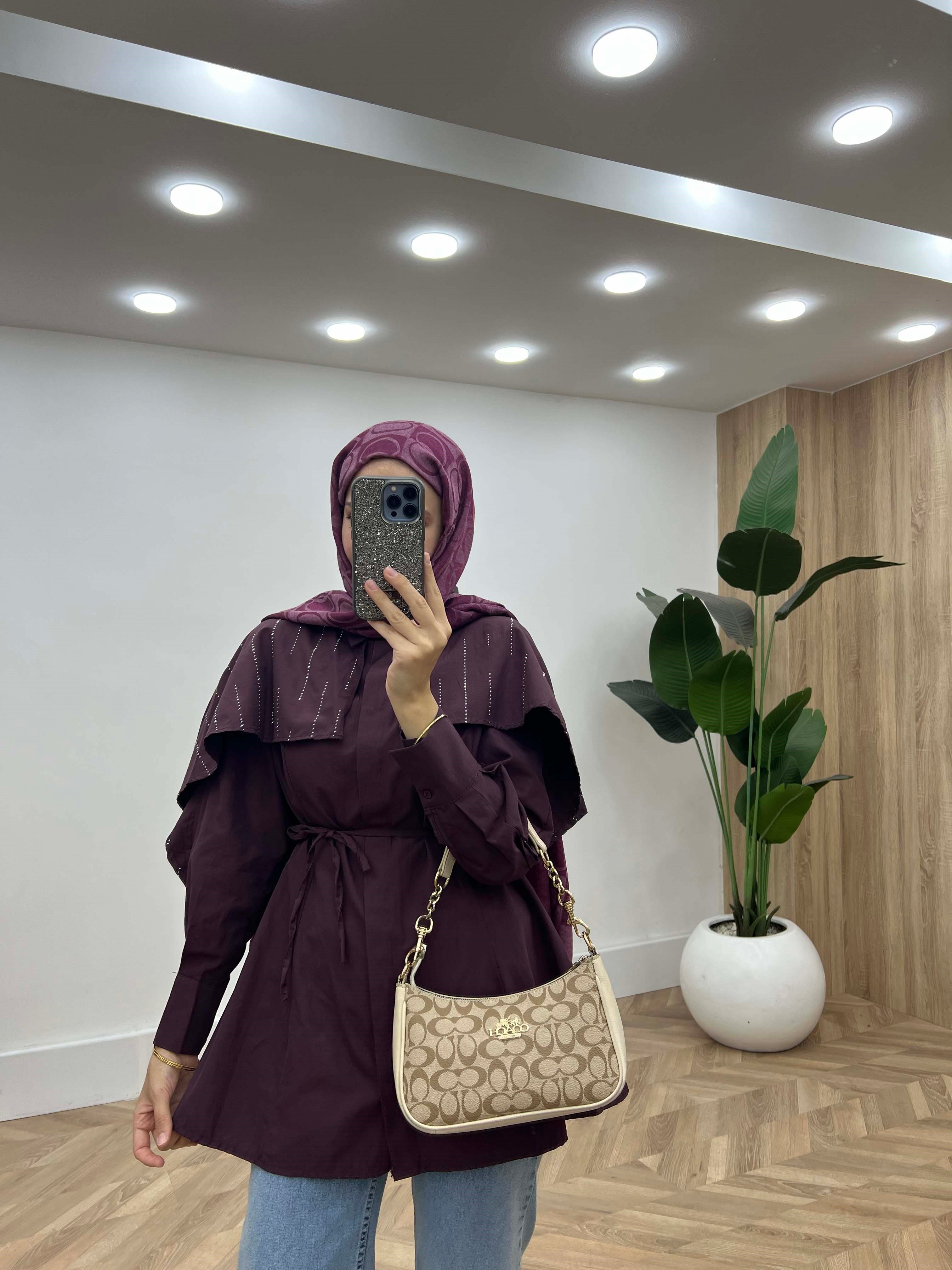 Kristal Işıltılı Pelerin Detaylı Gömlek Mürdüm