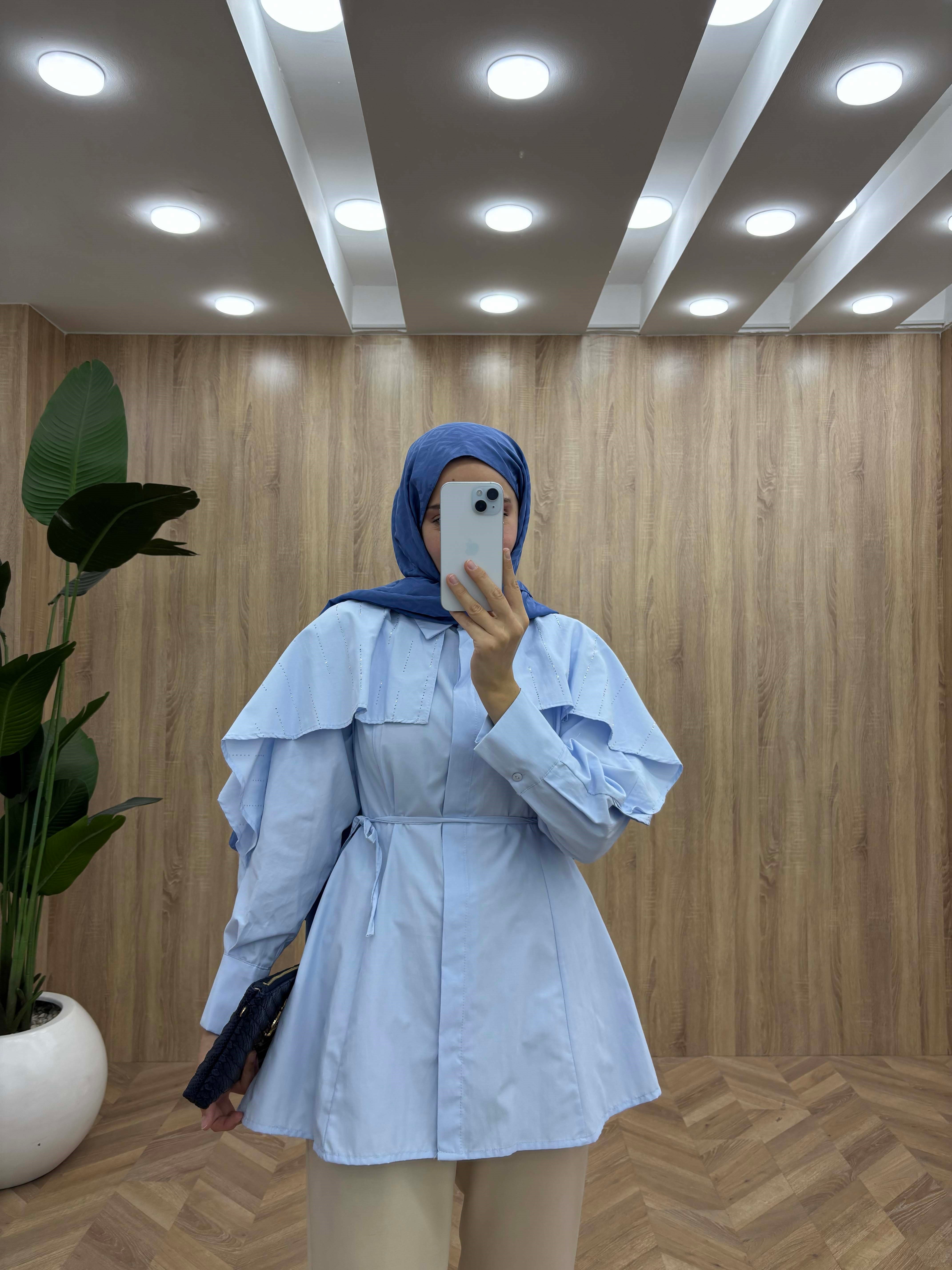 Kristal Işıltılı Pelerin Detaylı Gömlek Bebe Mavi