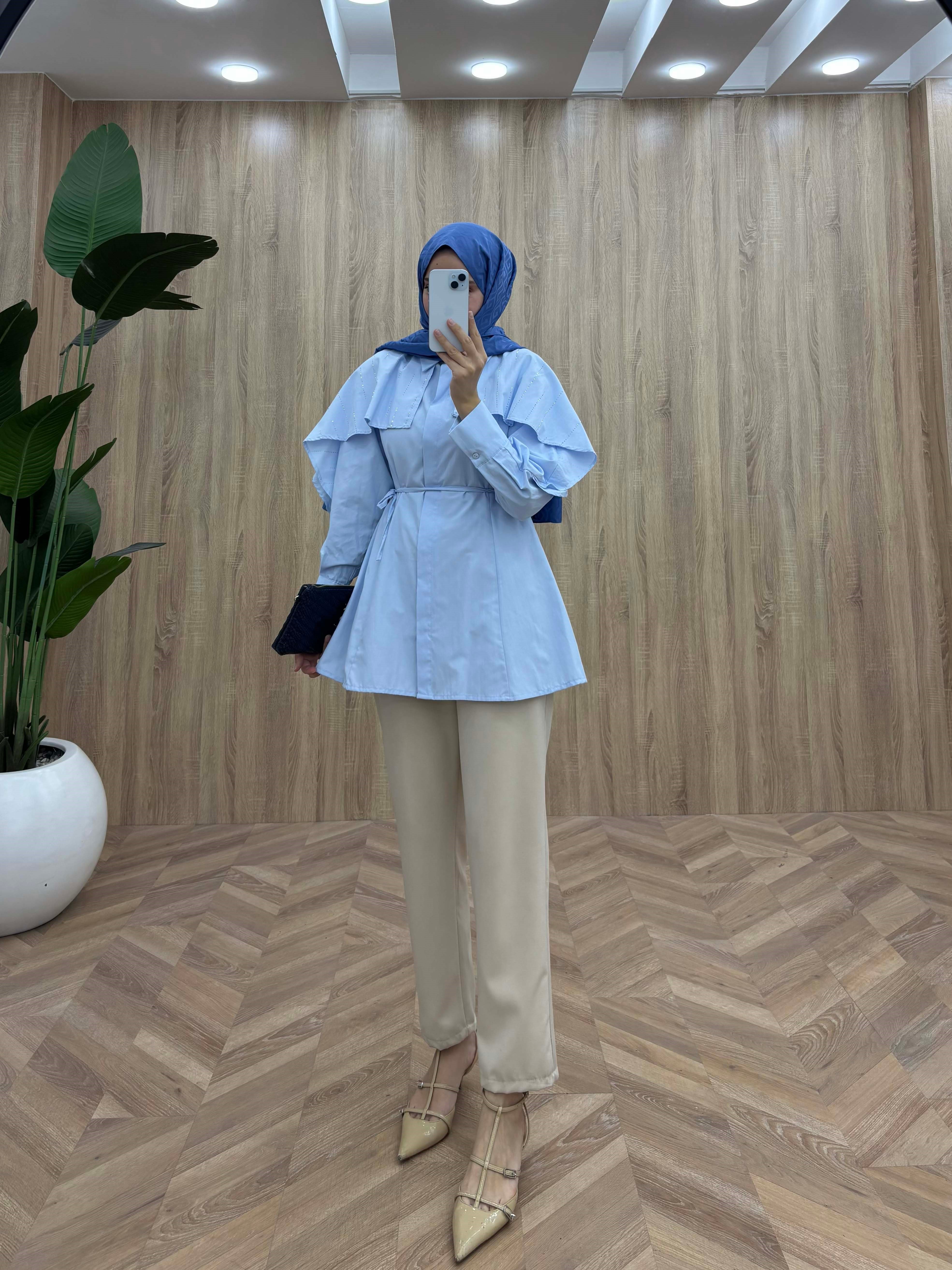 Kristal Işıltılı Pelerin Detaylı Gömlek Bebe Mavi