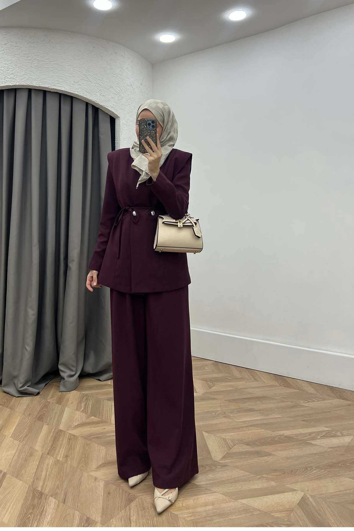 Kruvaze Kesim Şık Ofis Takım Bordo