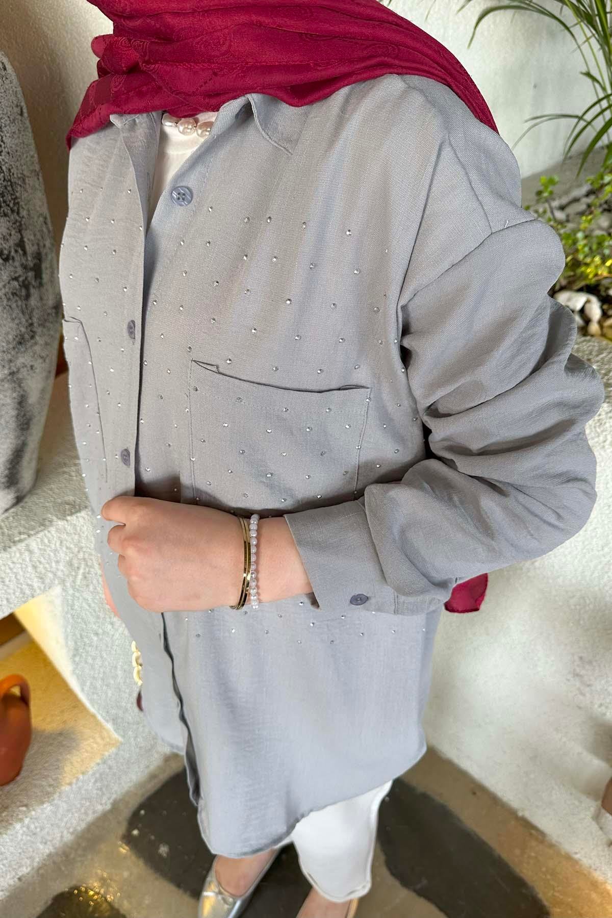 Küçük Taşlı Keten Gömlek Açık Gri
