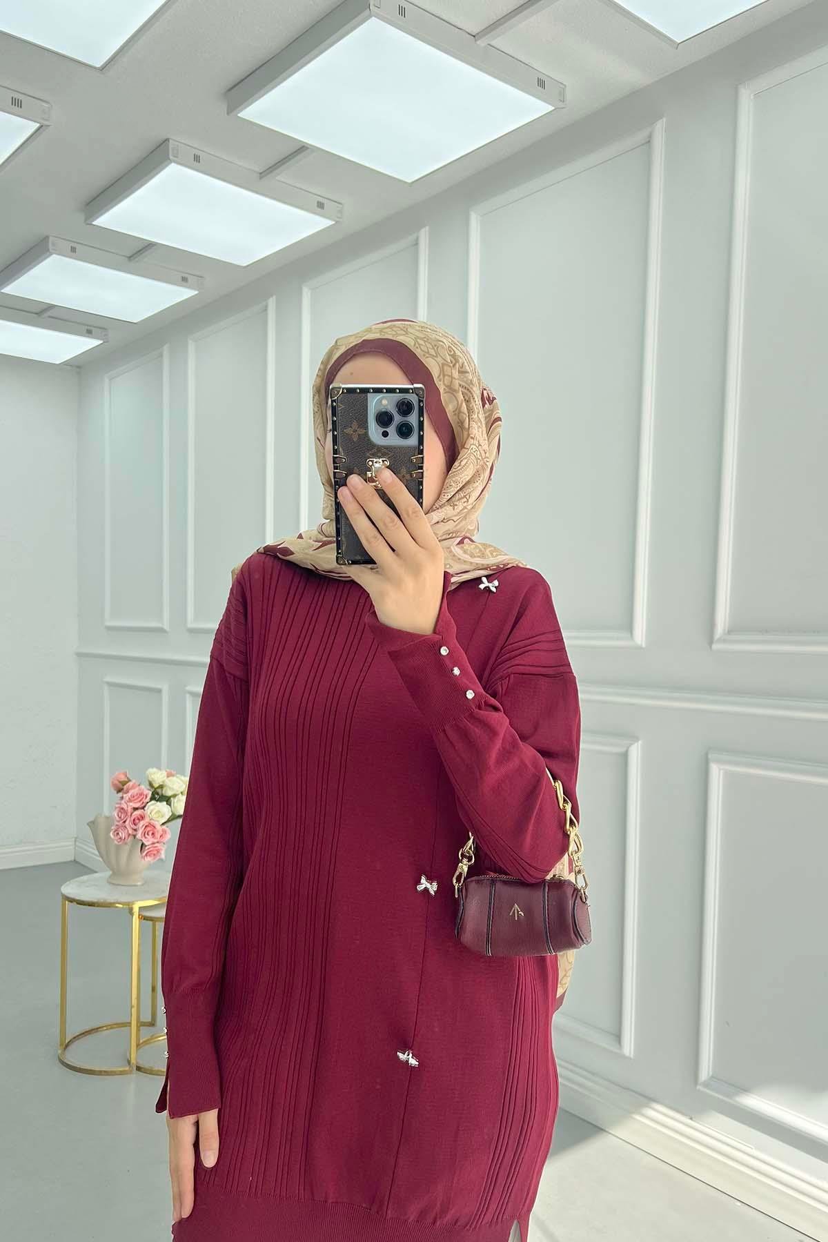 Kurdela Taşlı Merserize Bluz Bordo
