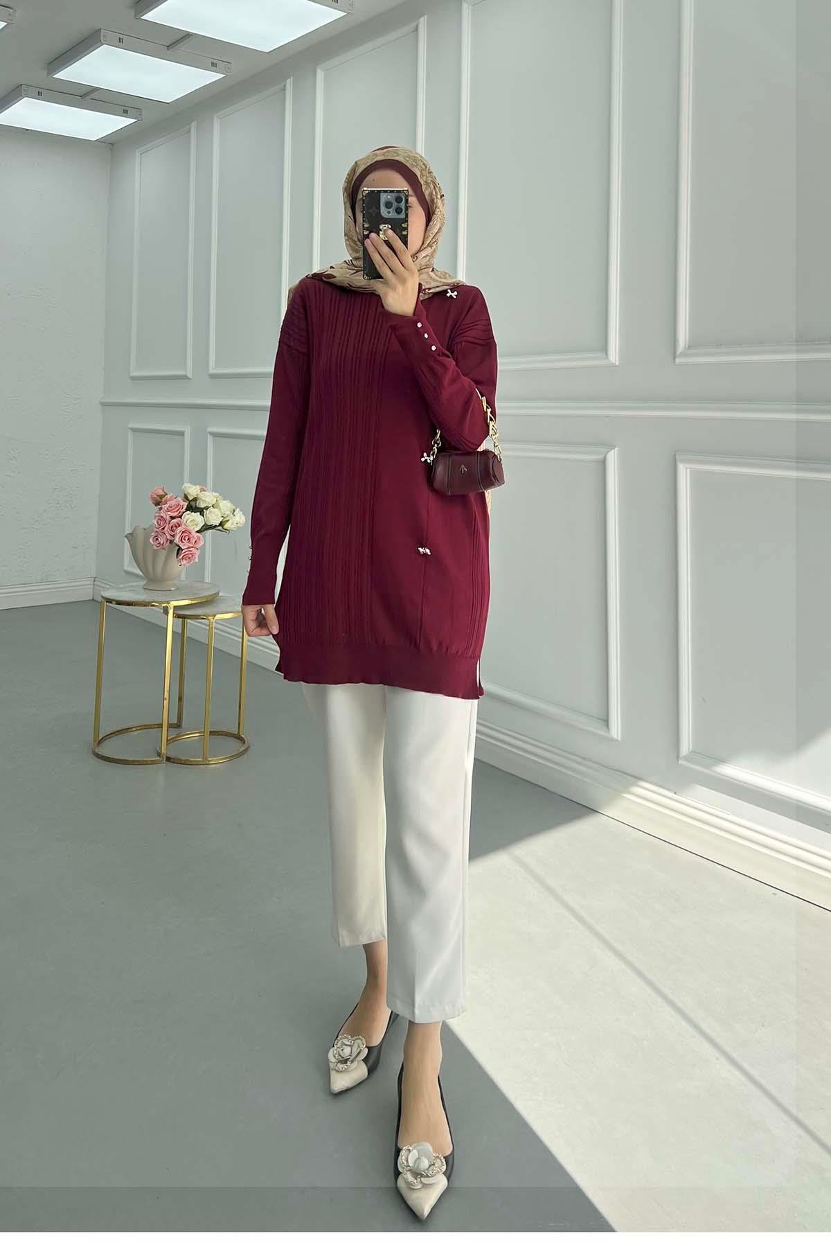 Kurdela Taşlı Merserize Bluz Bordo