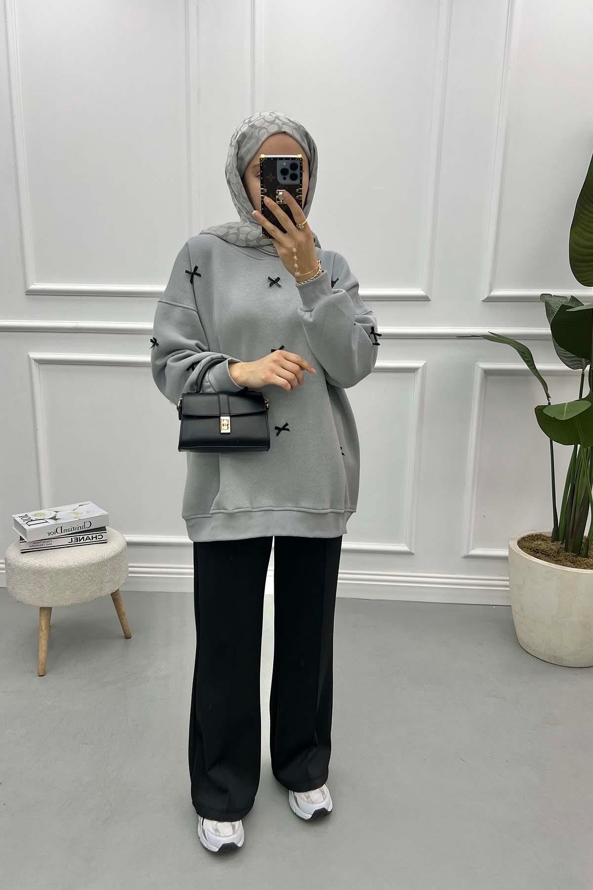Kurdeleli Sweatshirt Açık Gri