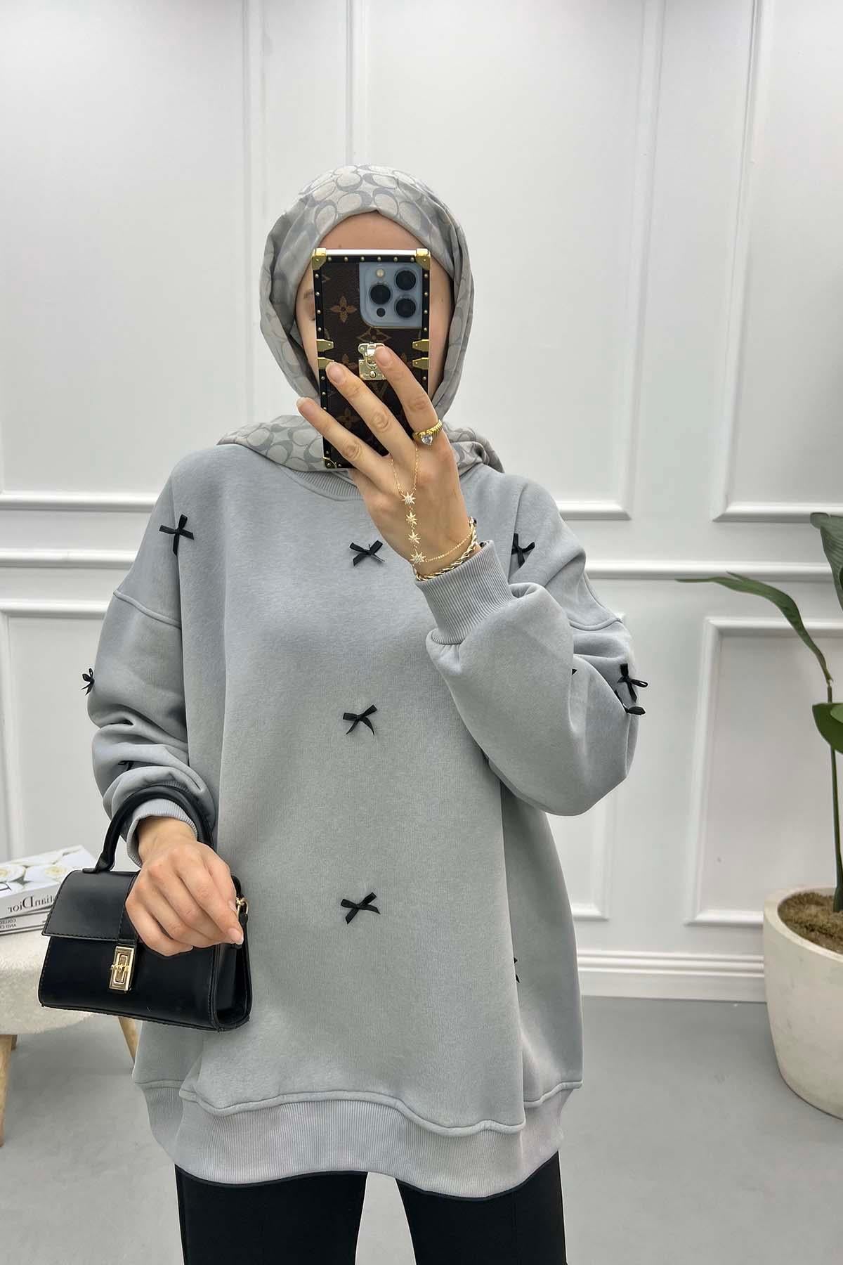 Kurdeleli Sweatshirt Açık Gri