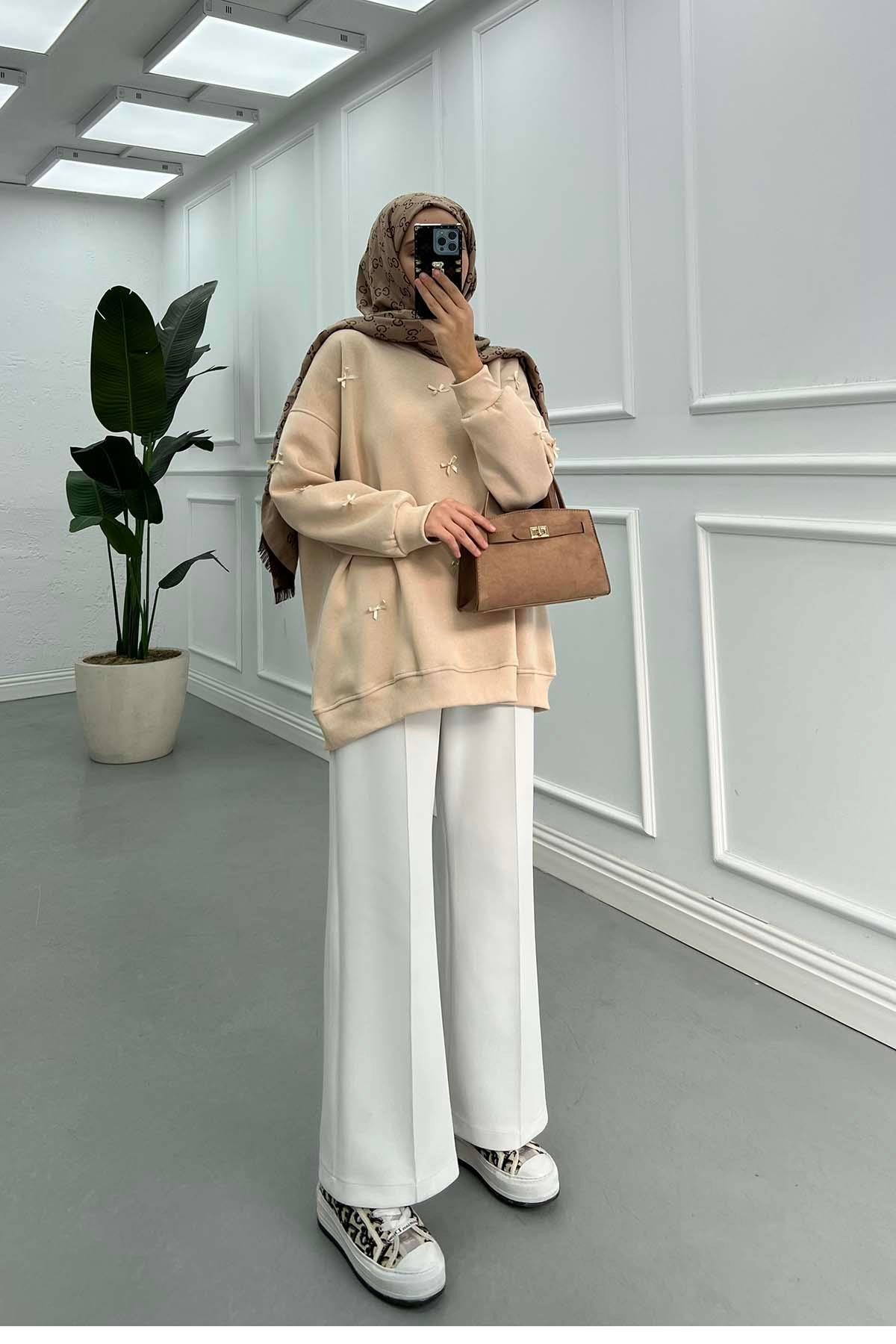 Kurdeleli Sweatshirt Bej