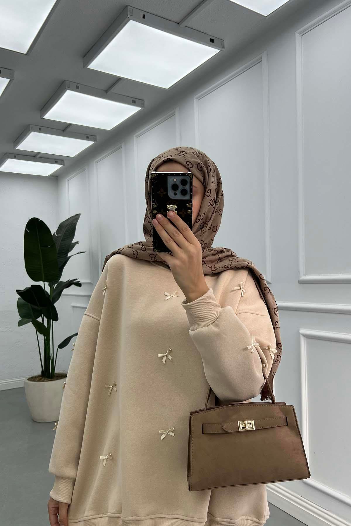 Kurdeleli Sweatshirt Bej