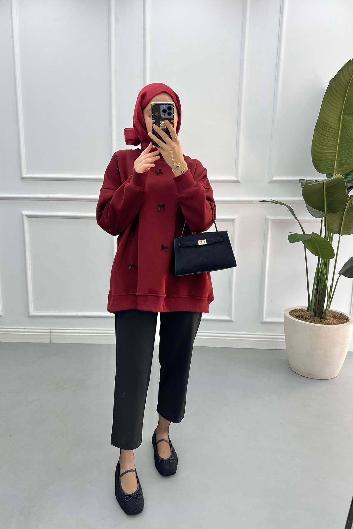 Kurdeleli Sweatshirt Bordo