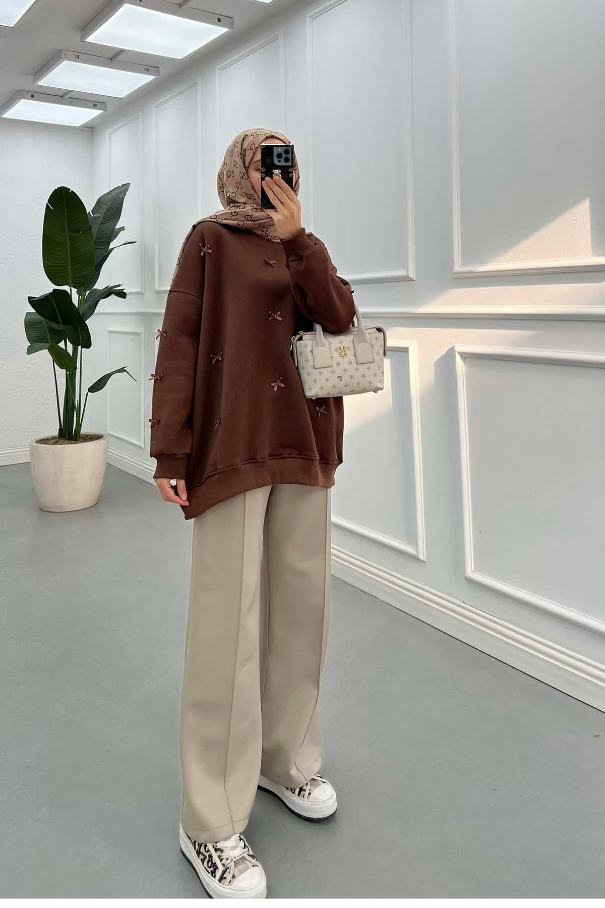 Kurdeleli Sweatshirt Kahve