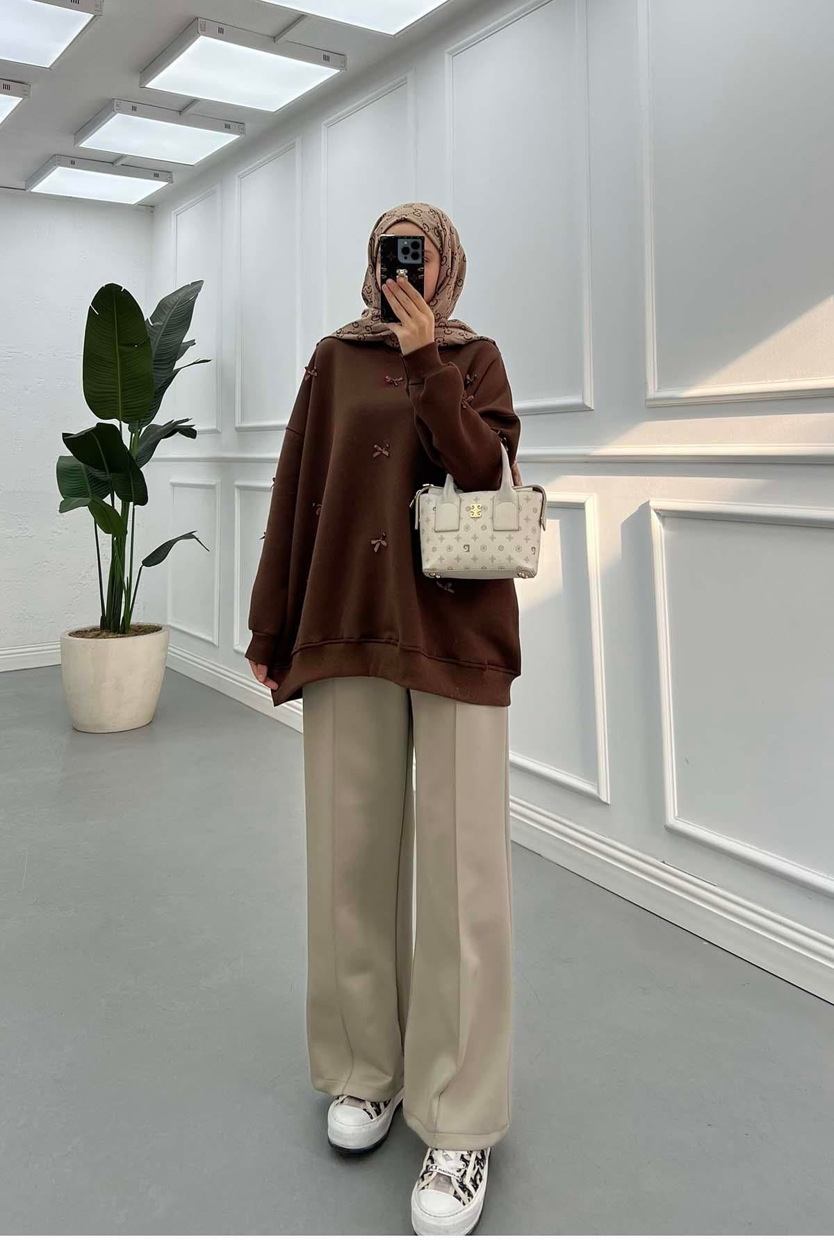 Kurdeleli Sweatshirt Kahve