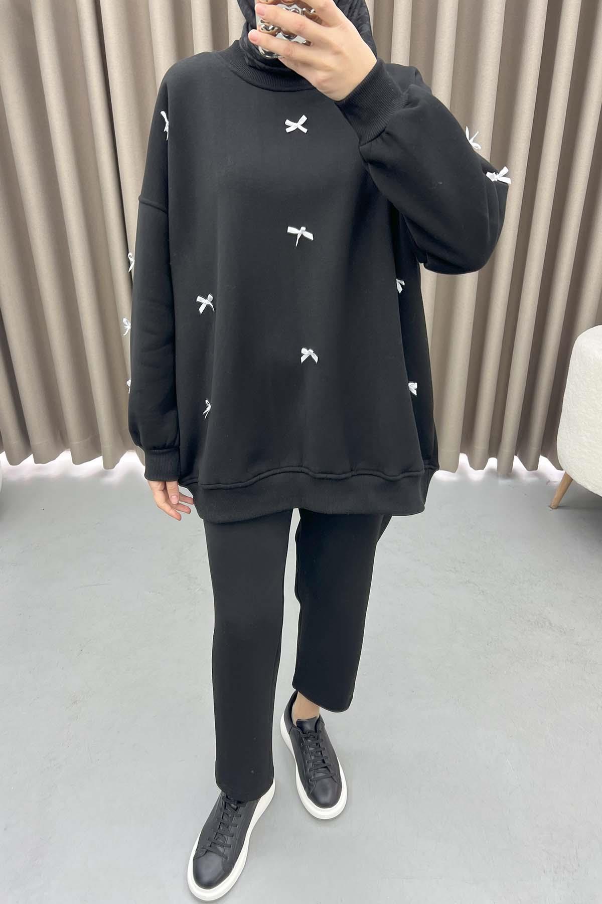 Kurdeleli Sweatshirt Siyah