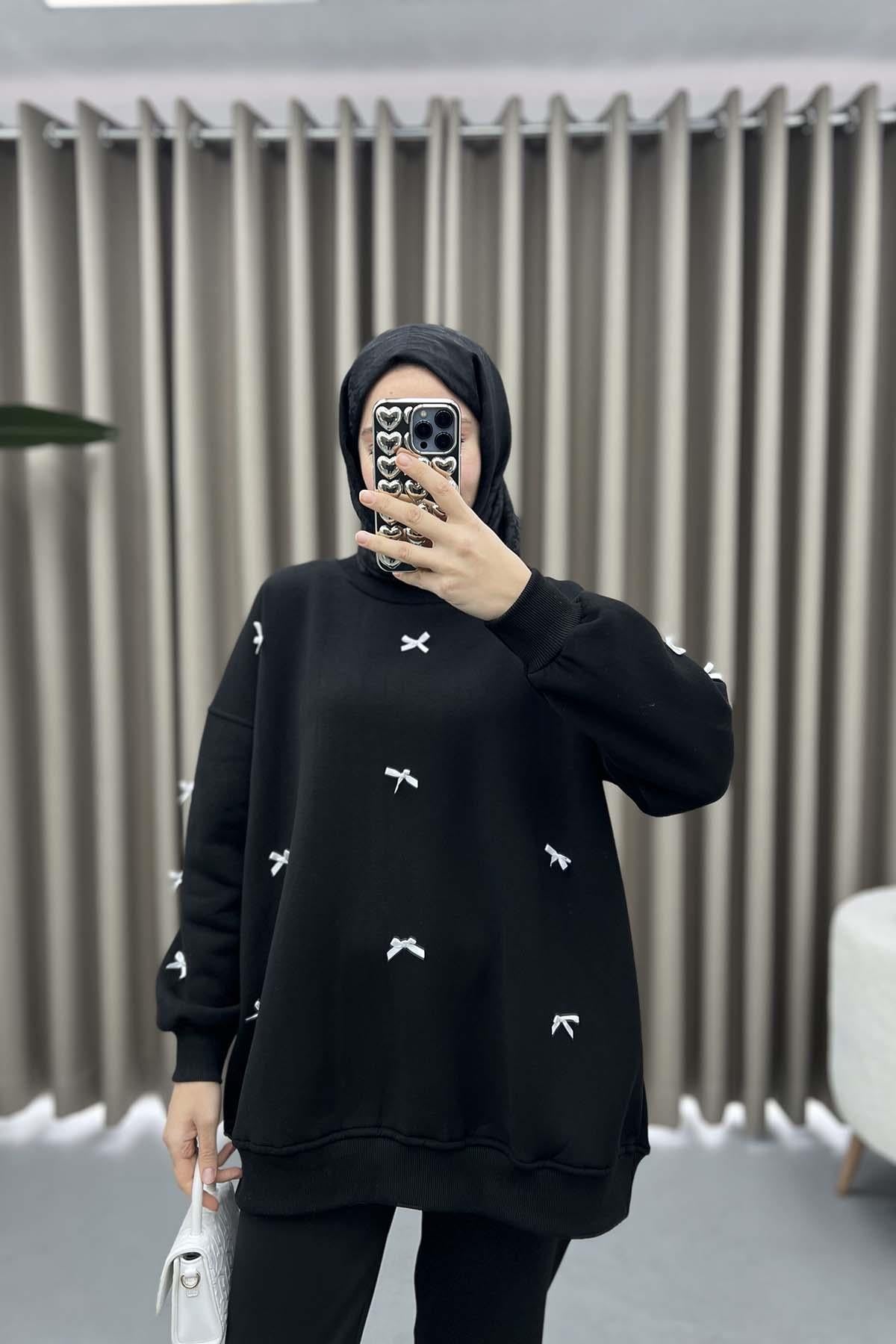 Kurdeleli Sweatshirt Siyah