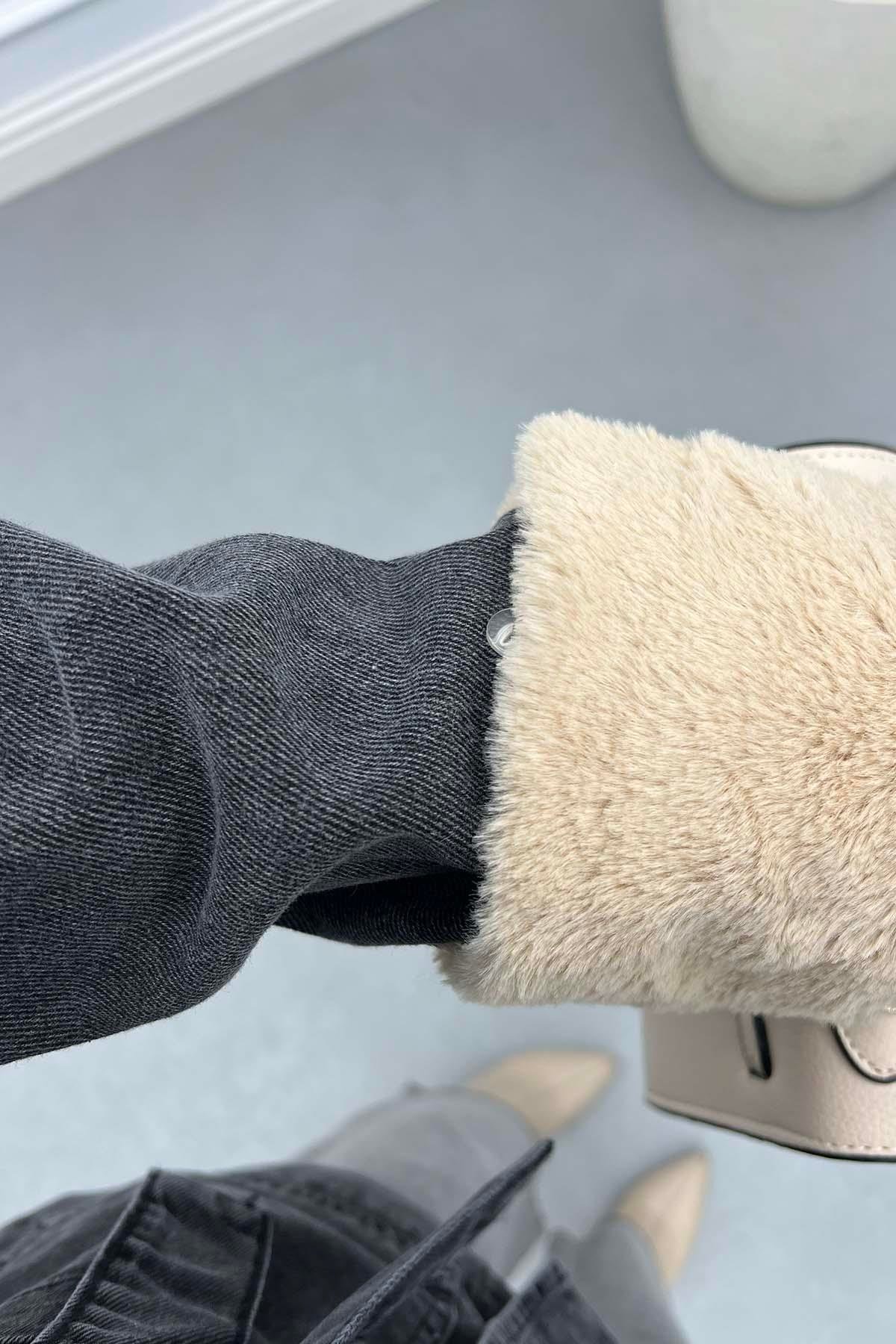 Kürk Detayları Çıkarılabilir Kot Ceket Antrasit
