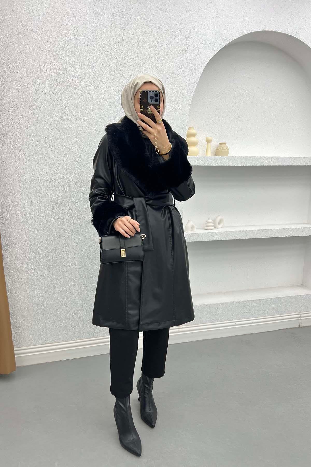 Kürklü Deri Trençkot Siyah