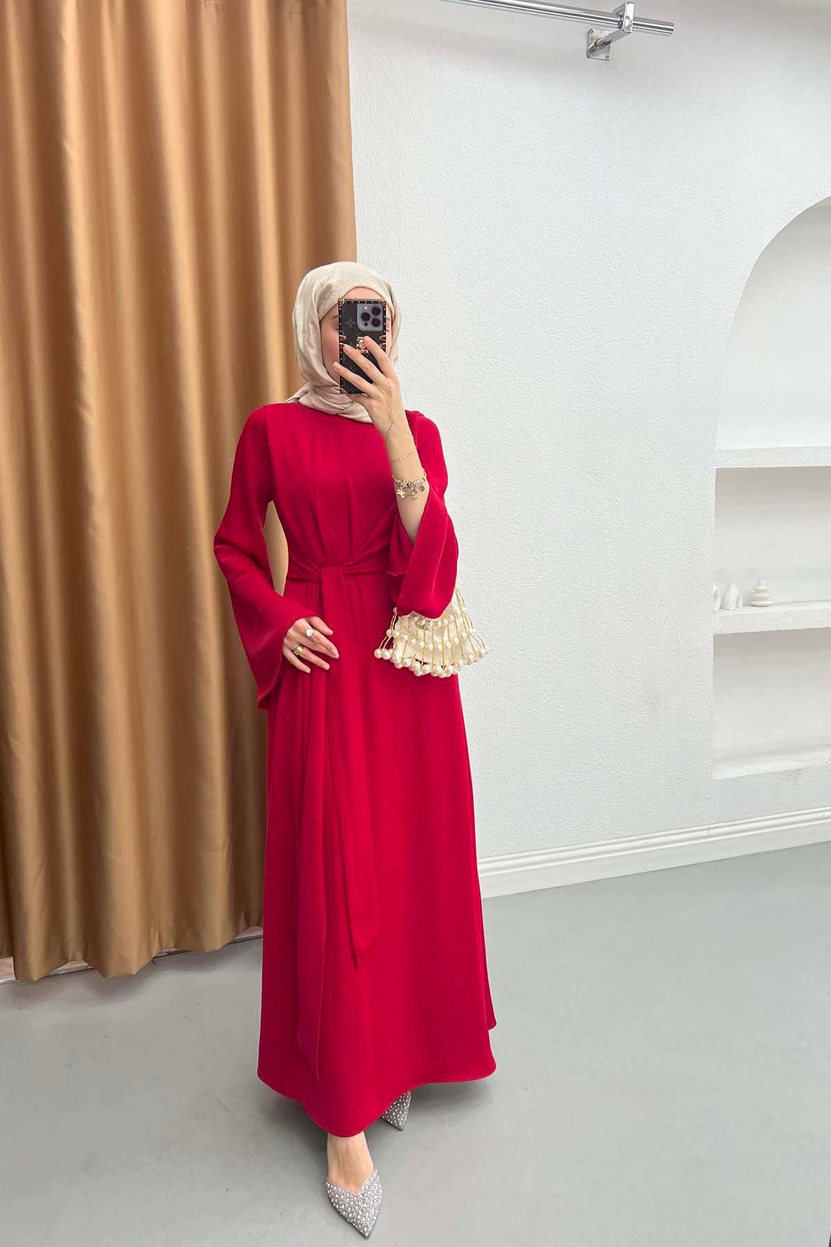 Kuşak Detaylı Elbise Bordo