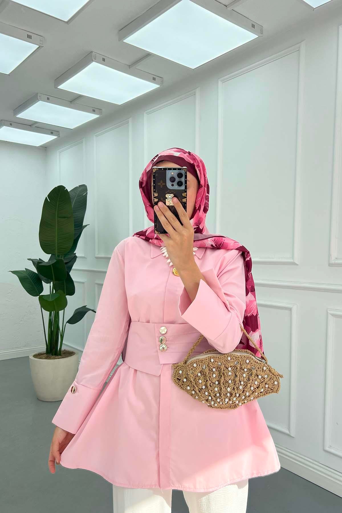 Kuşak Detaylı Geniş Manşet Gömlek Pembe