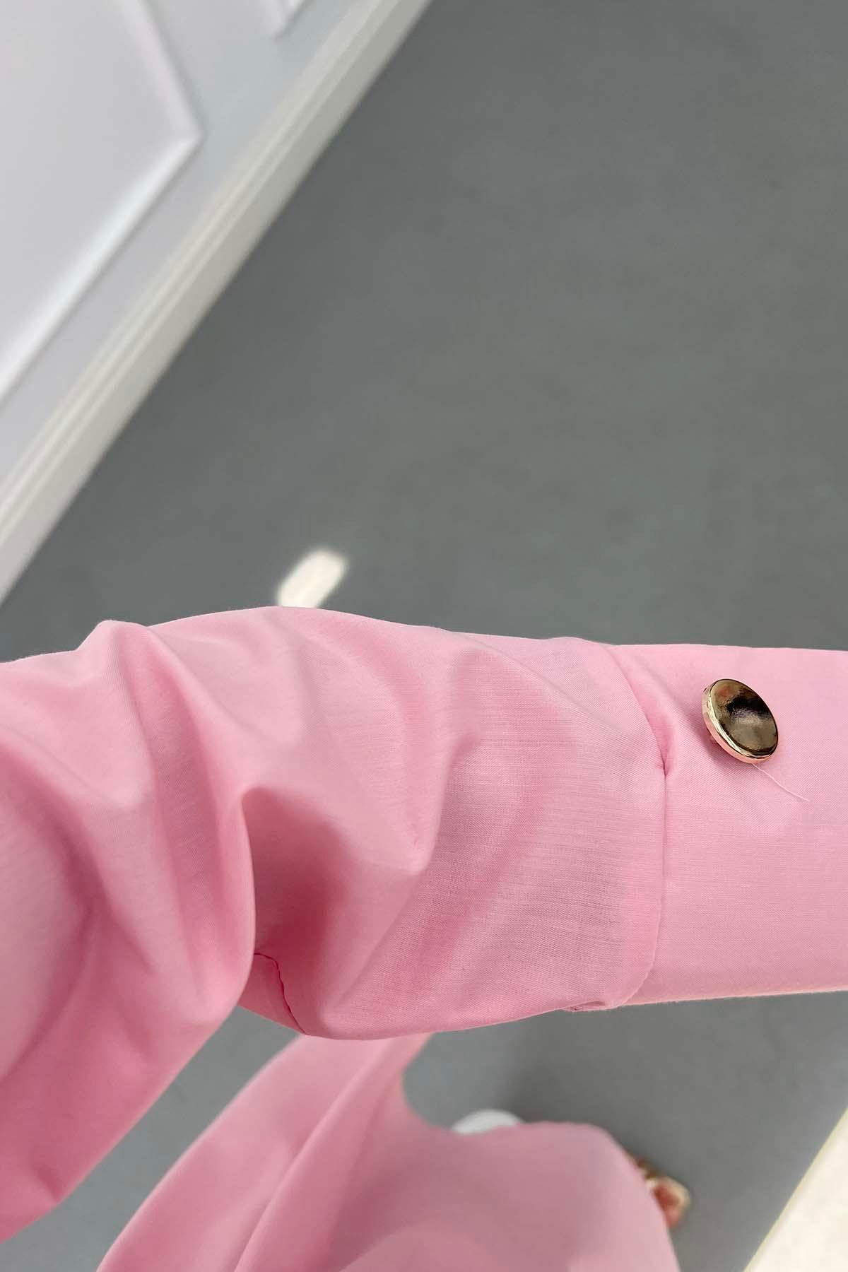 Kuşak Detaylı Geniş Manşet Gömlek Pembe