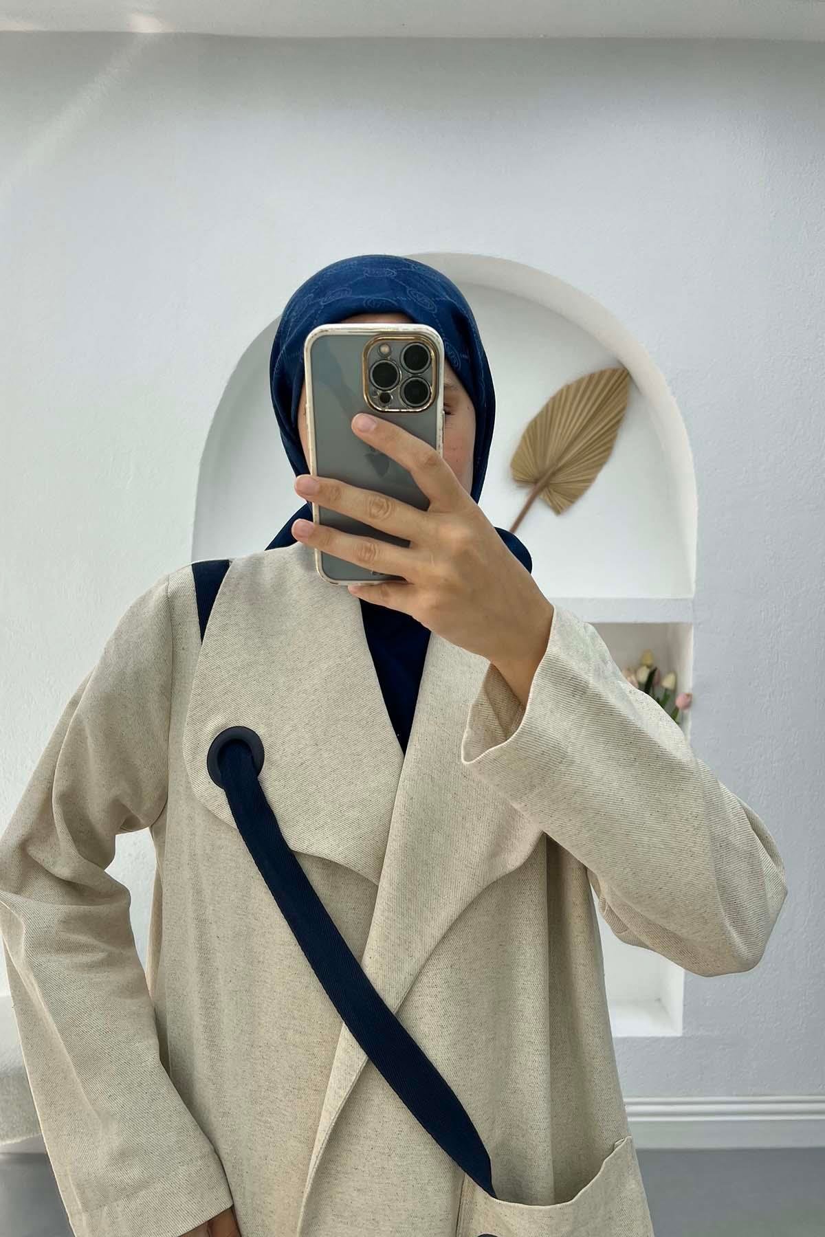 Kuşak Detaylı Keten Ceket Taş