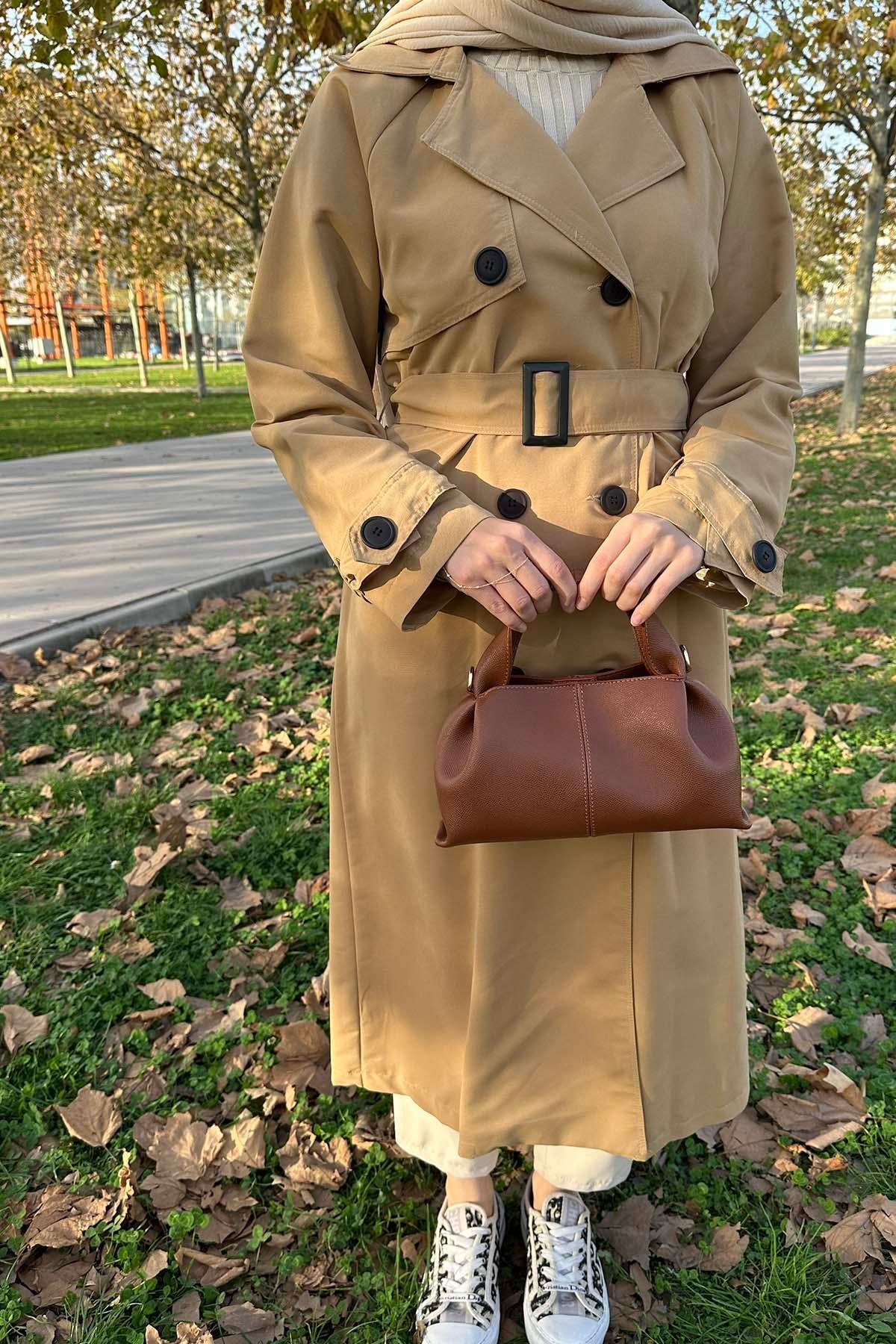 Kuşaklı Astarlı Trençkot Kahve