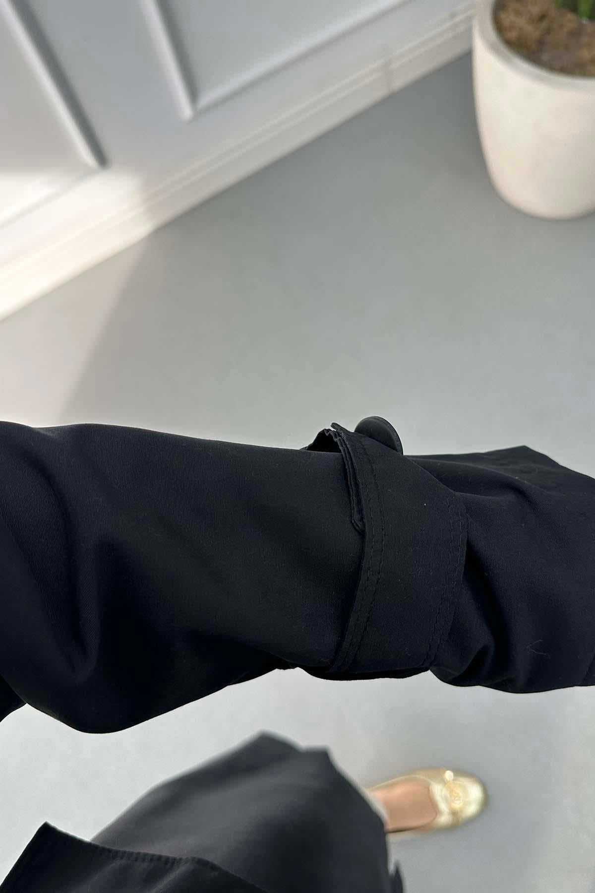 Kuşaklı Astarlı Trençkot Siyah
