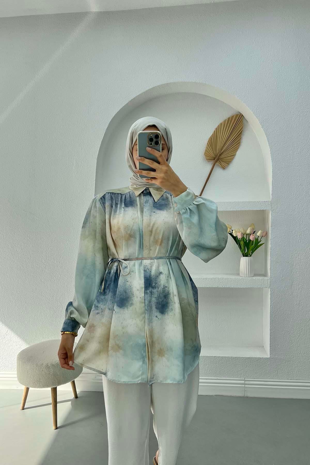 Kuşaklı Desenli Saten Bluz İndigo