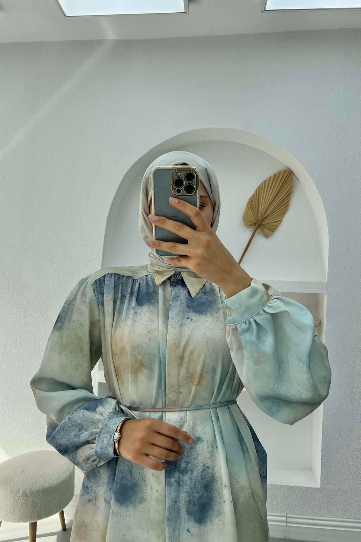 Kuşaklı Desenli Saten Bluz İndigo