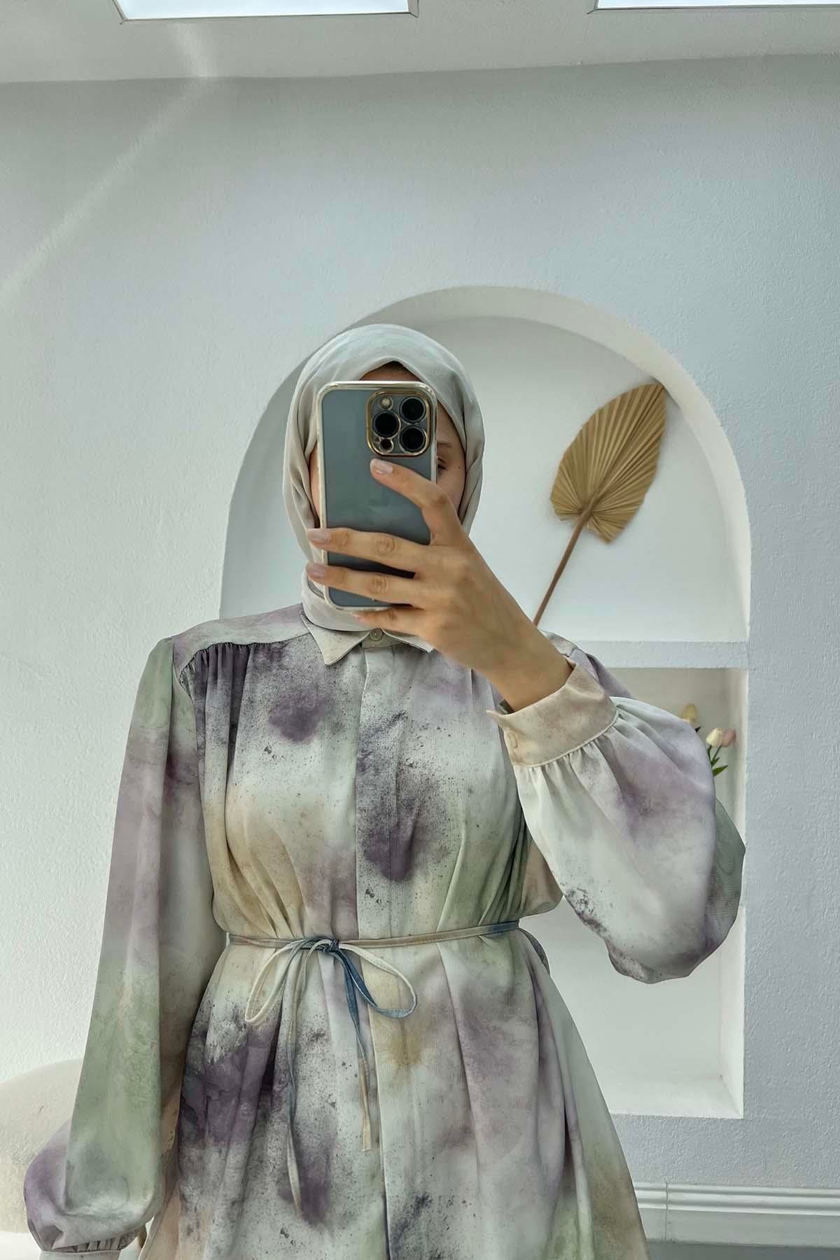 Kuşaklı Desenli Saten Bluz Mürdüm