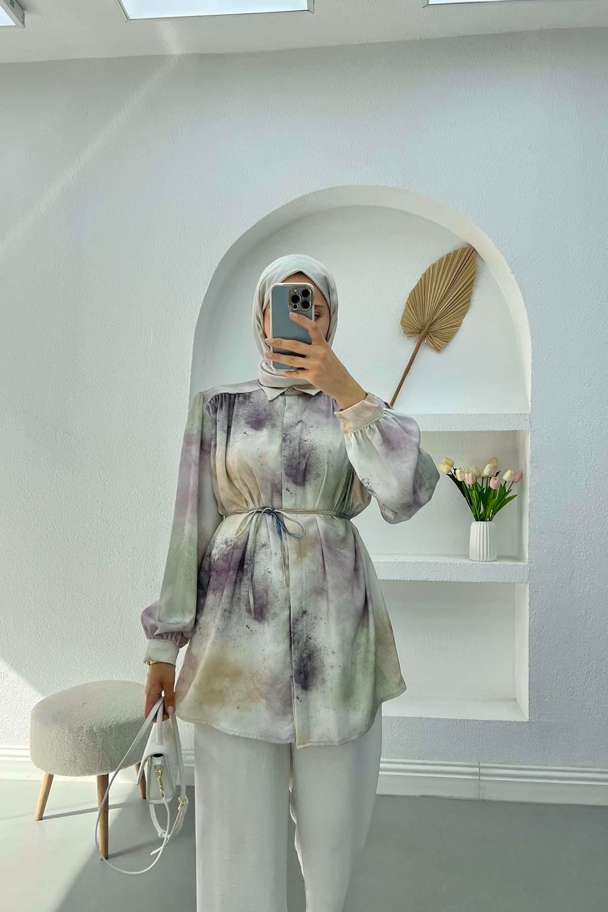 Kuşaklı Desenli Saten Bluz Mürdüm