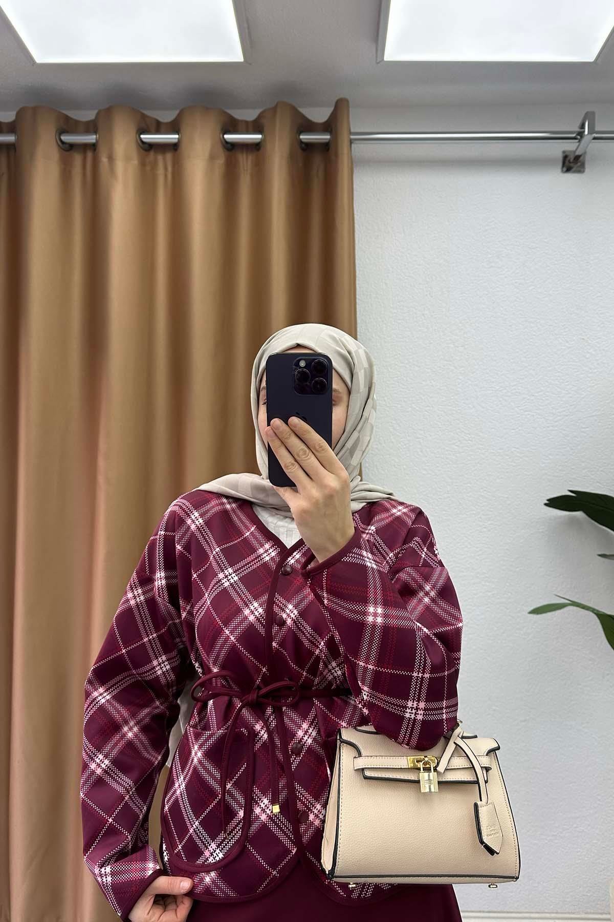 Kuşaklı Ekoseliş Etekli Takım Bordo