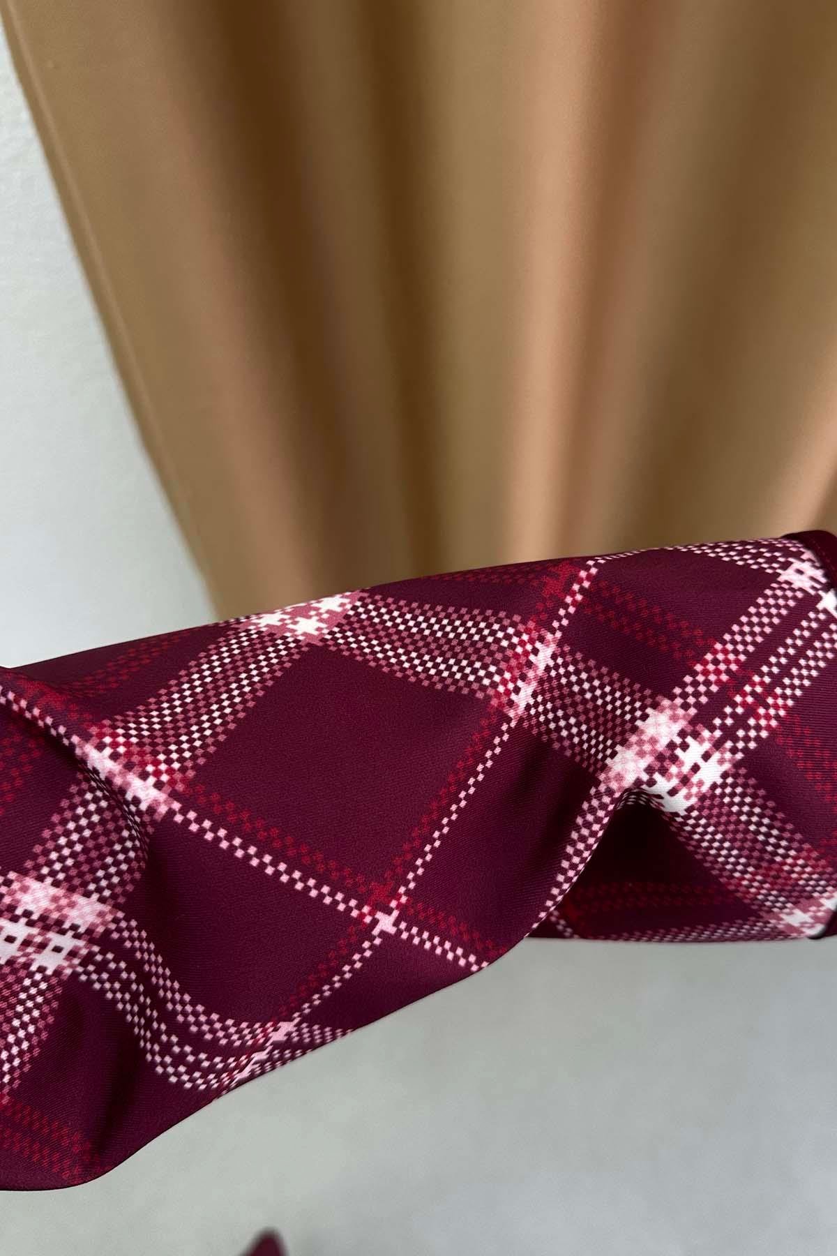Kuşaklı Ekoseliş Etekli Takım Bordo