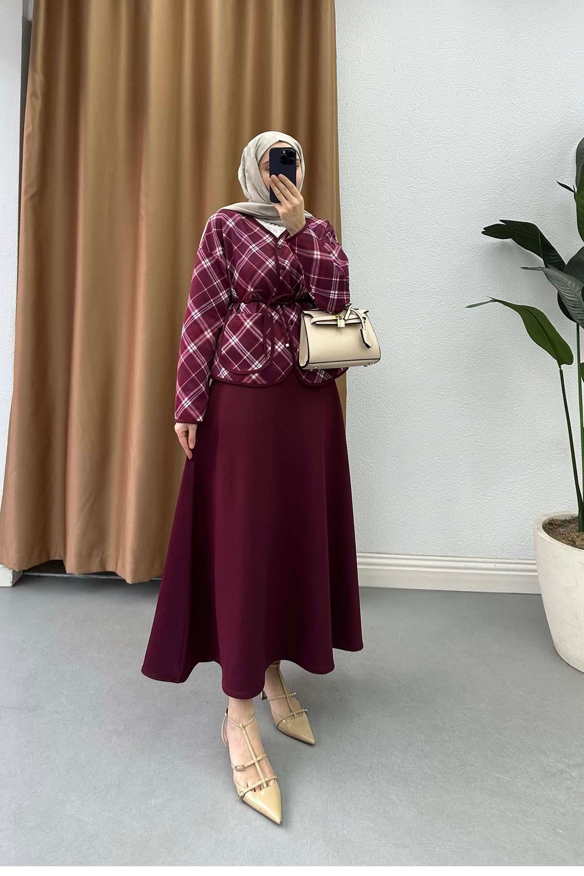 Kuşaklı Ekoseliş Etekli Takım Bordo