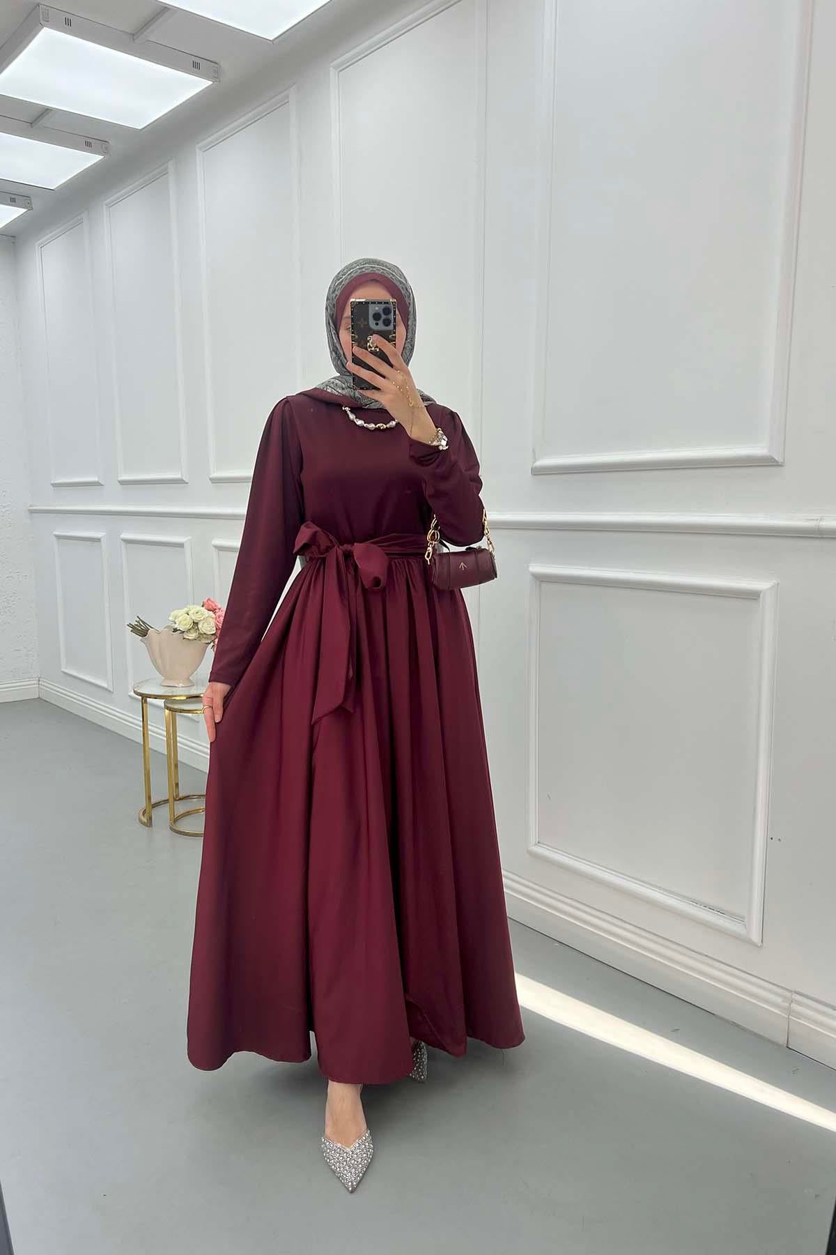 Kuşaklı Elbise Bordo