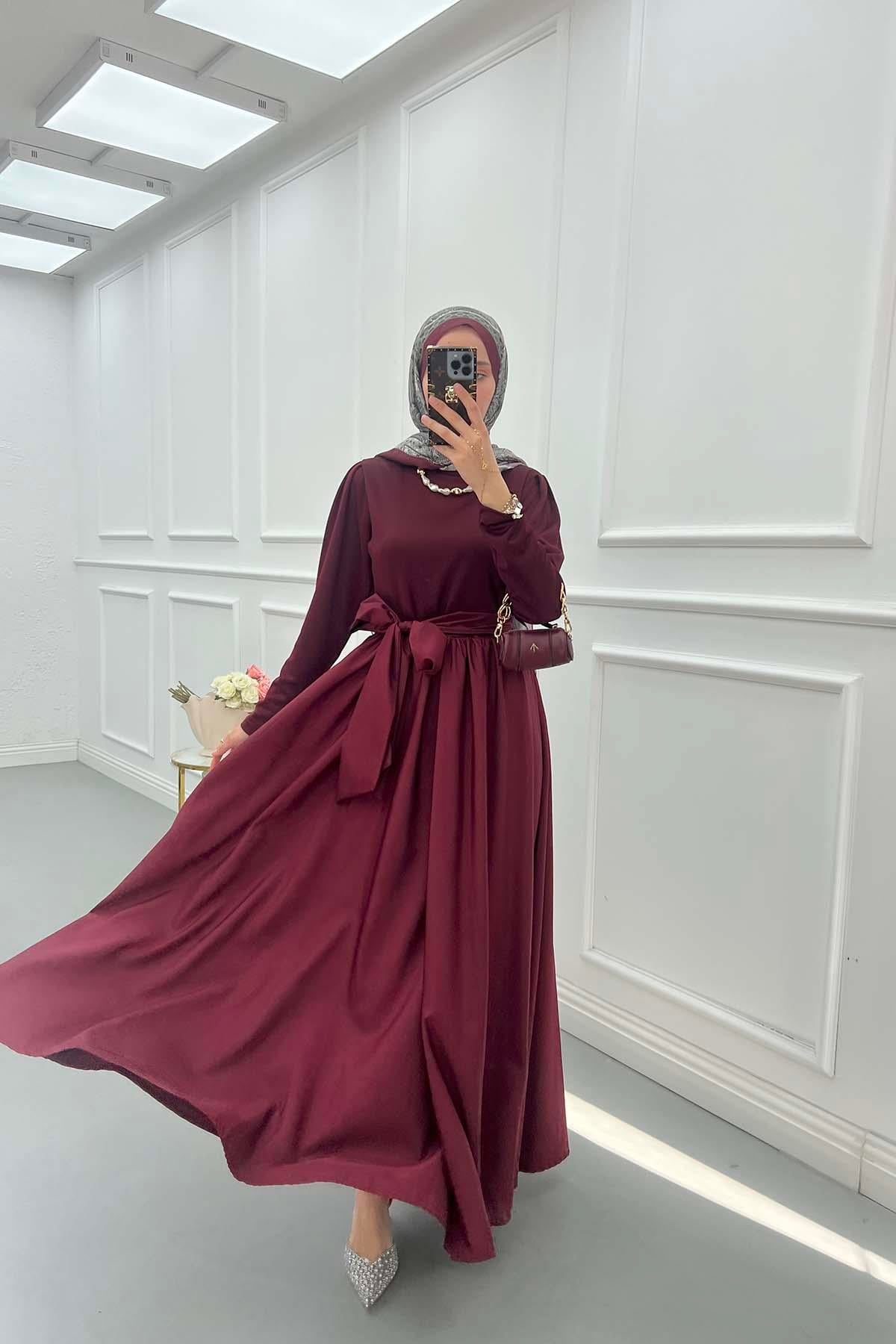 Kuşaklı Elbise Bordo