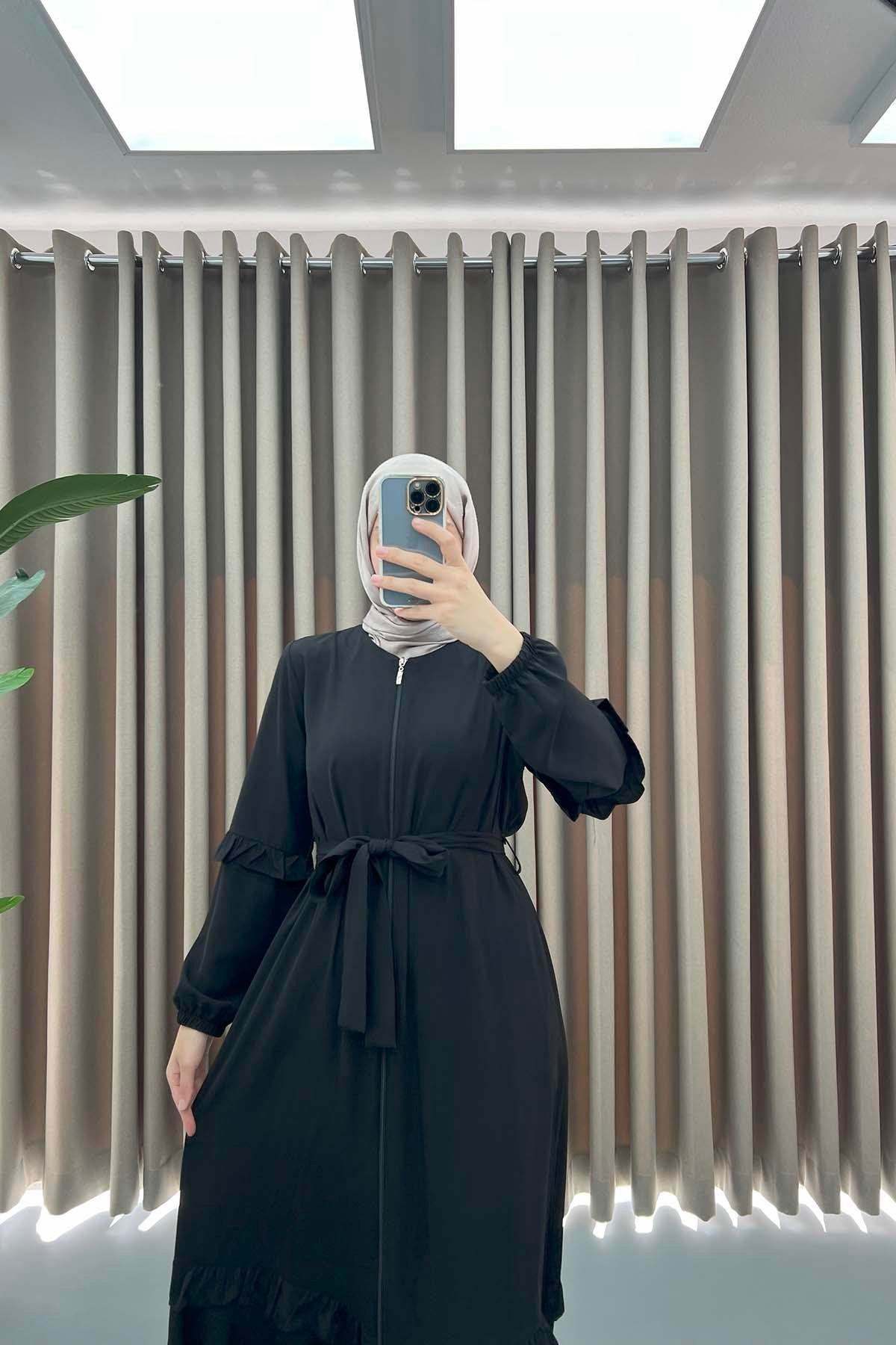 Kuşaklı Fırfırlı Ferace Siyah